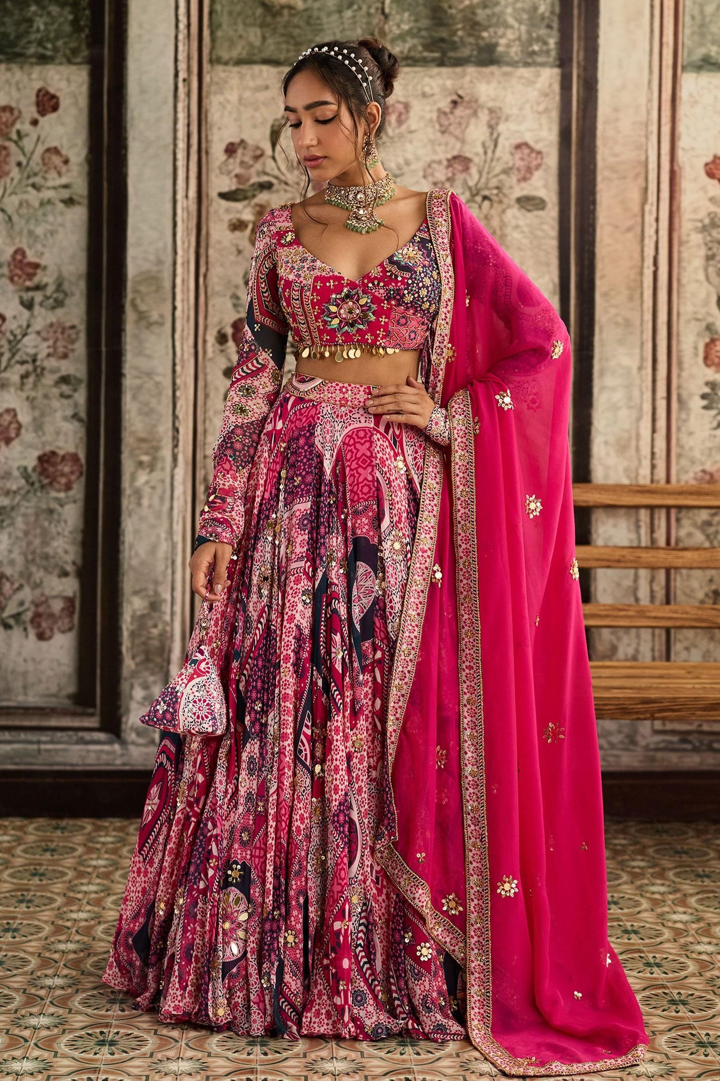 Fuchsia Crepe, Georgette, Organza Sequins, Beads, Fuschia Printed Lehenga Set - Designer Kurta Set