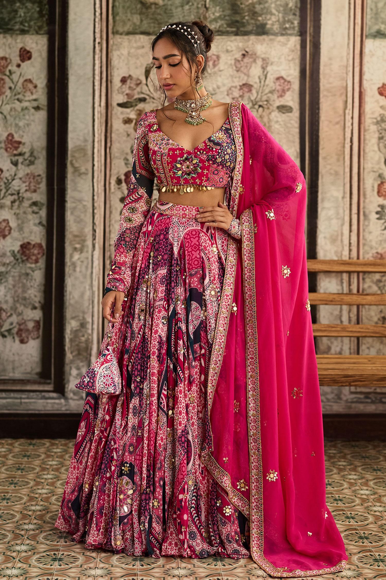 Fuchsia Crepe, Georgette, Organza Sequins, Beads, Fuschia Printed Lehenga Set - Designer Kurta Set