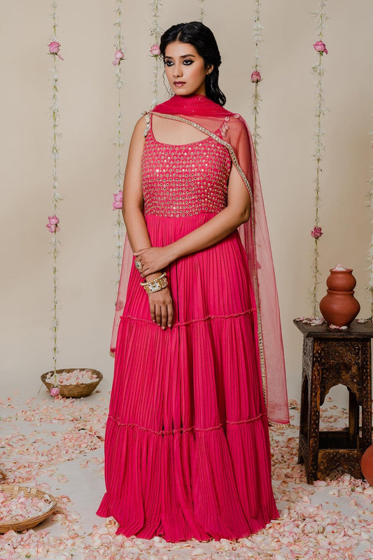 Fuchsia Georgette, Dupatta  Net Cutdana, Kasab, Hand Embroidered Anarkali With - Designer Kurta Set