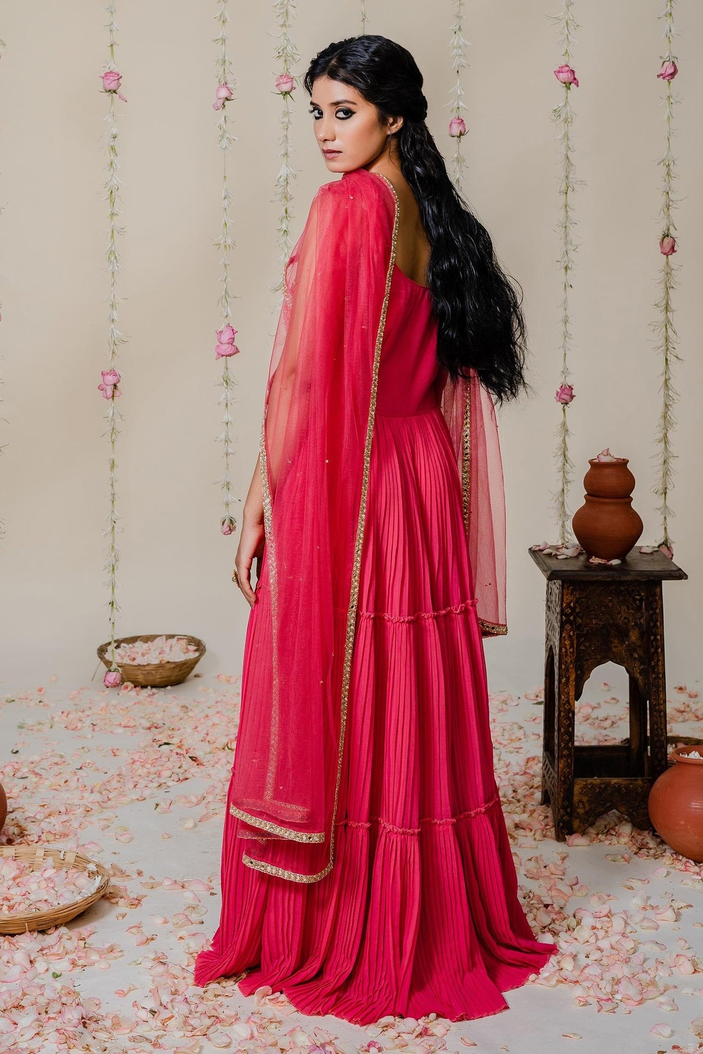 Fuchsia Georgette, Dupatta  Net Cutdana, Kasab, Hand Embroidered Anarkali With - Designer Kurta Set