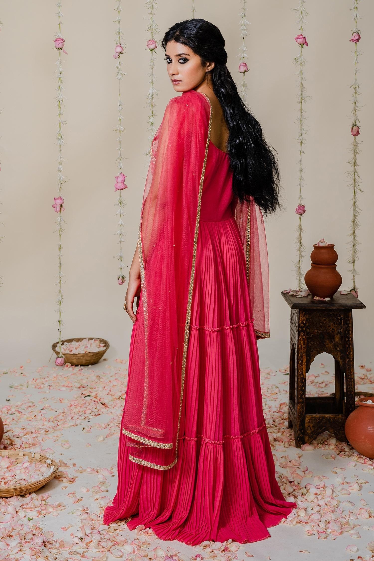 Fuchsia Georgette, Dupatta  Net Cutdana, Kasab, Hand Embroidered Anarkali With - Designer Kurta Set