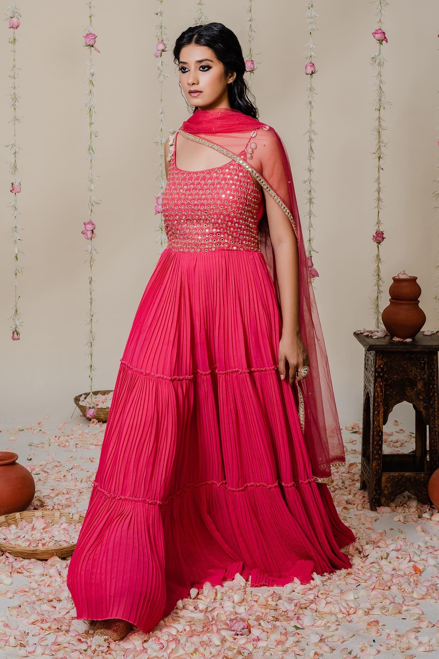 Fuchsia Georgette, Dupatta  Net Cutdana, Kasab, Hand Embroidered Anarkali With - Designer Kurta Set