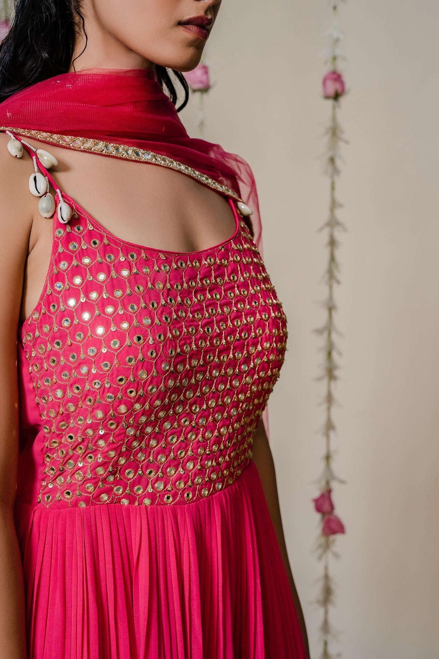 Fuchsia Georgette, Dupatta  Net Cutdana, Kasab, Hand Embroidered Anarkali With - Designer Kurta Set
