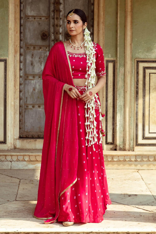 Fuchsia Satin, Silk, Chiffon Sequins, Lace Mirror Work Detailed Lehenga Set - Designer Kurta Set