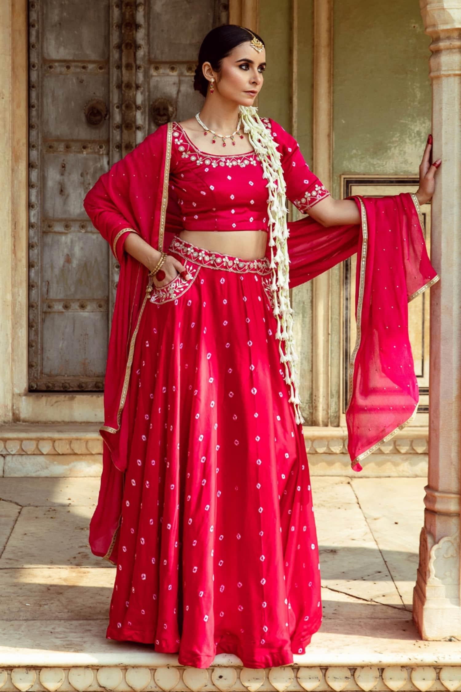 Fuchsia Satin, Silk, Chiffon Sequins, Lace Mirror Work Detailed Lehenga Set - Designer Kurta Set