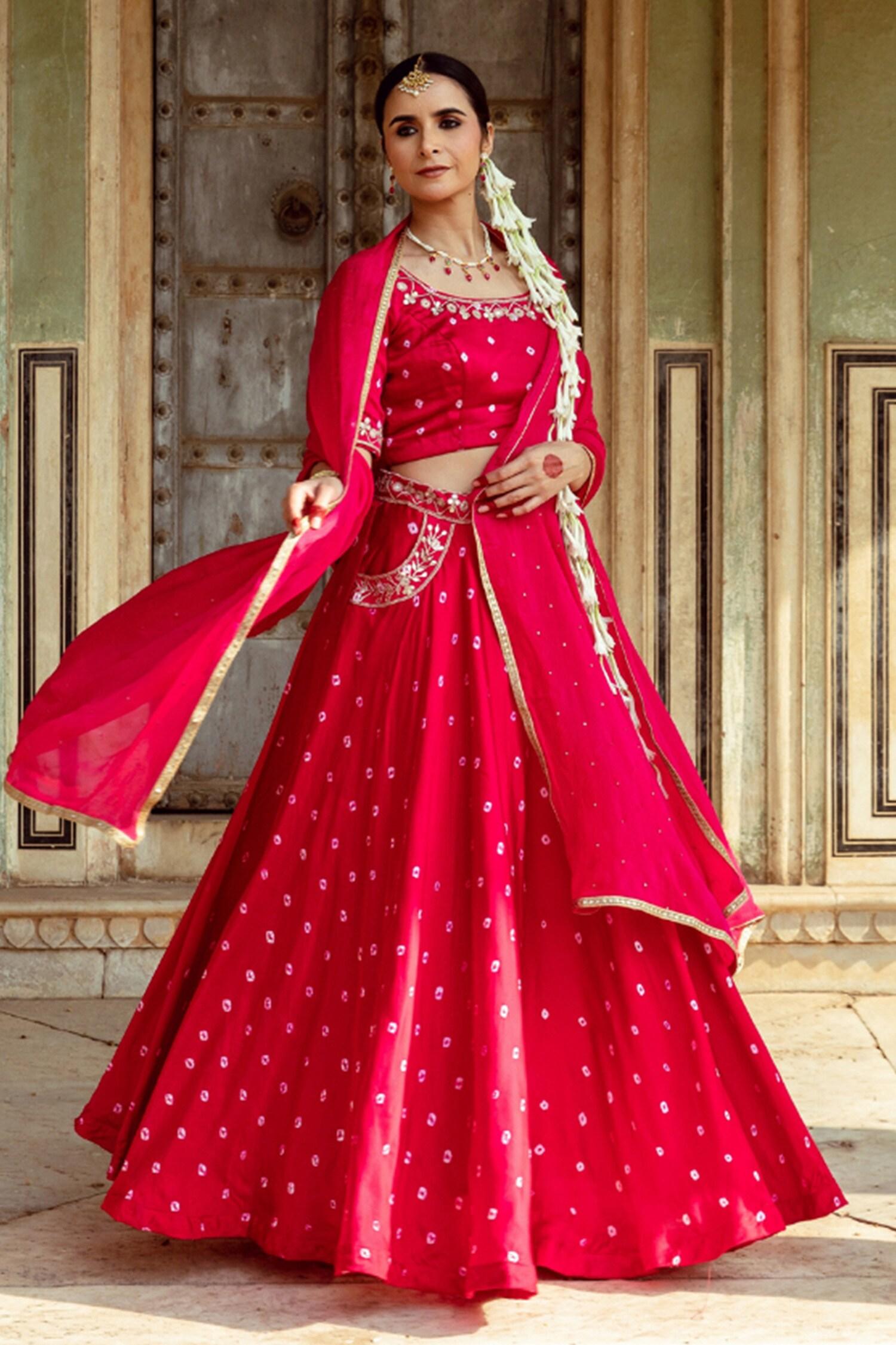 Fuchsia Satin, Silk, Chiffon Sequins, Lace Mirror Work Detailed Lehenga Set - Designer Kurta Set