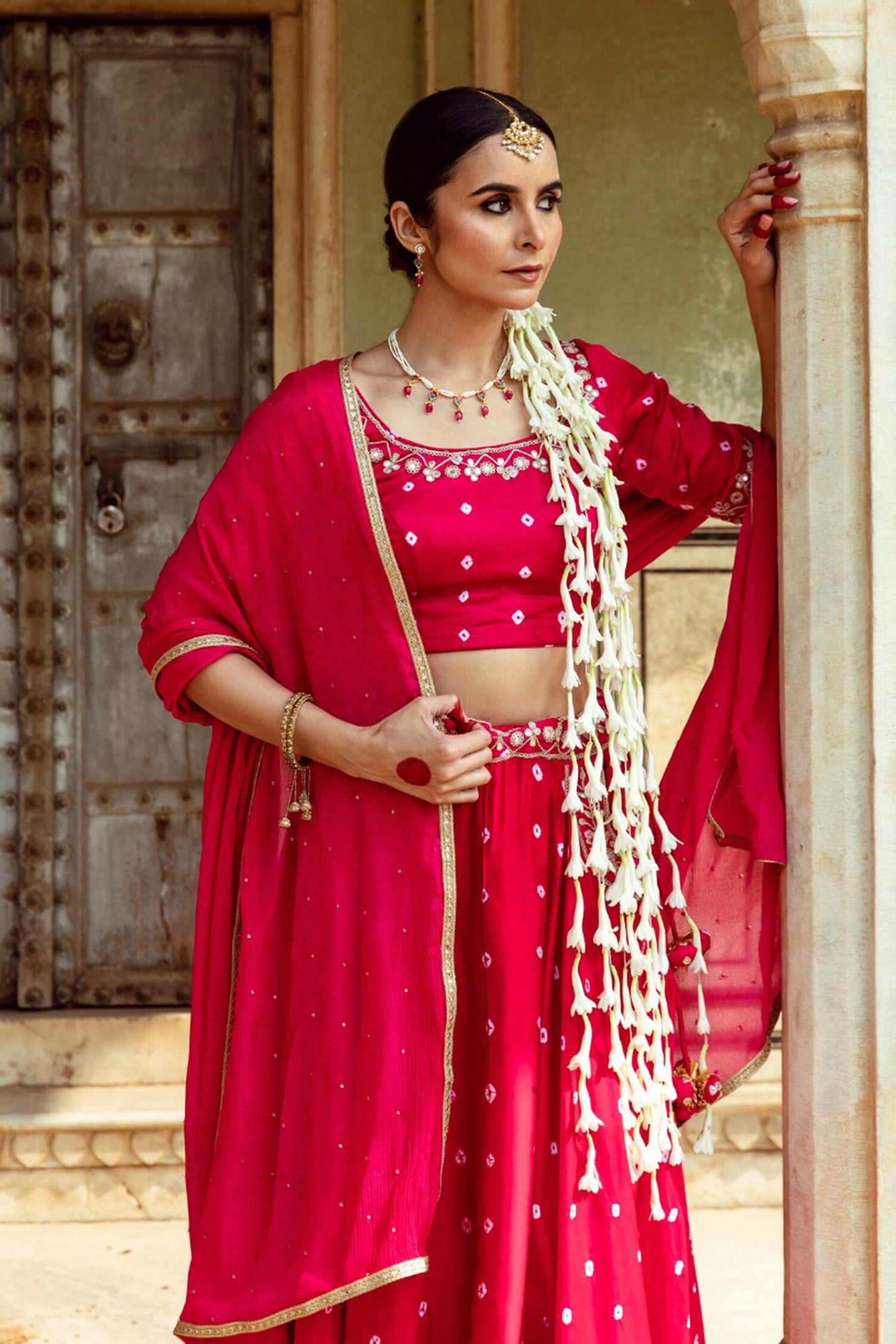 Fuchsia Satin, Silk, Chiffon Sequins, Lace Mirror Work Detailed Lehenga Set - Designer Kurta Set