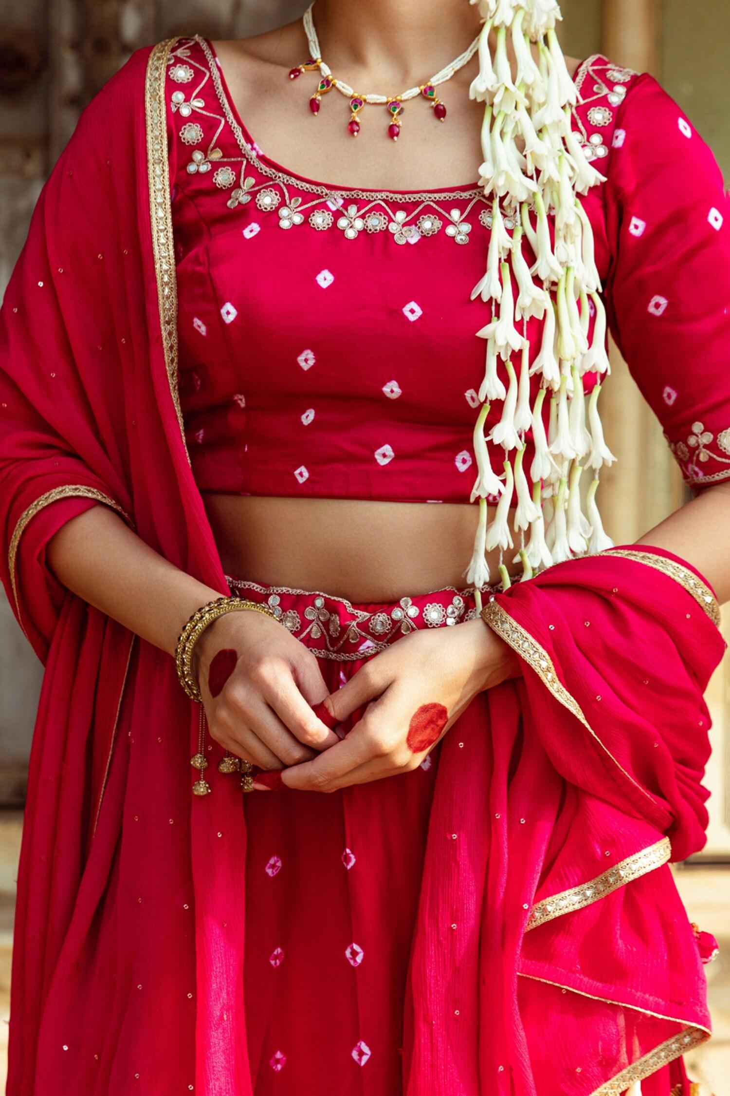 Fuchsia Satin, Silk, Chiffon Sequins, Lace Mirror Work Detailed Lehenga Set - Designer Kurta Set