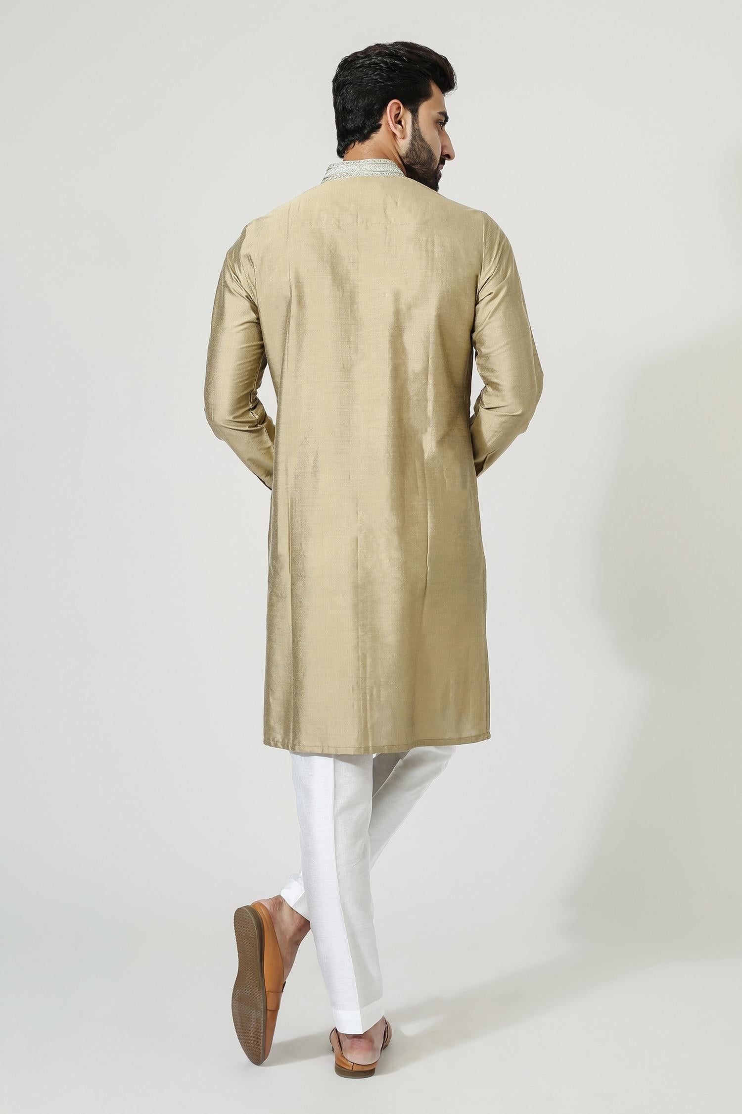 Kurta Set Gold Cotton Silk Embroidery Aari