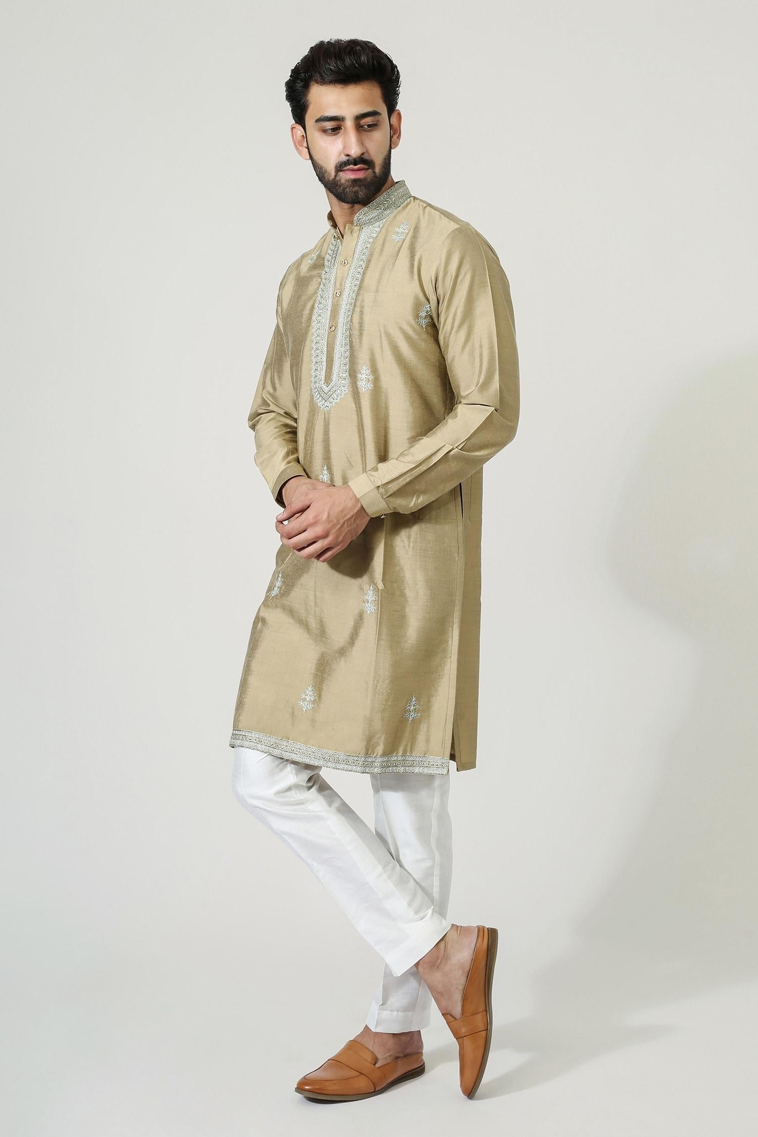 Kurta Set Gold Cotton Silk Embroidery Aari