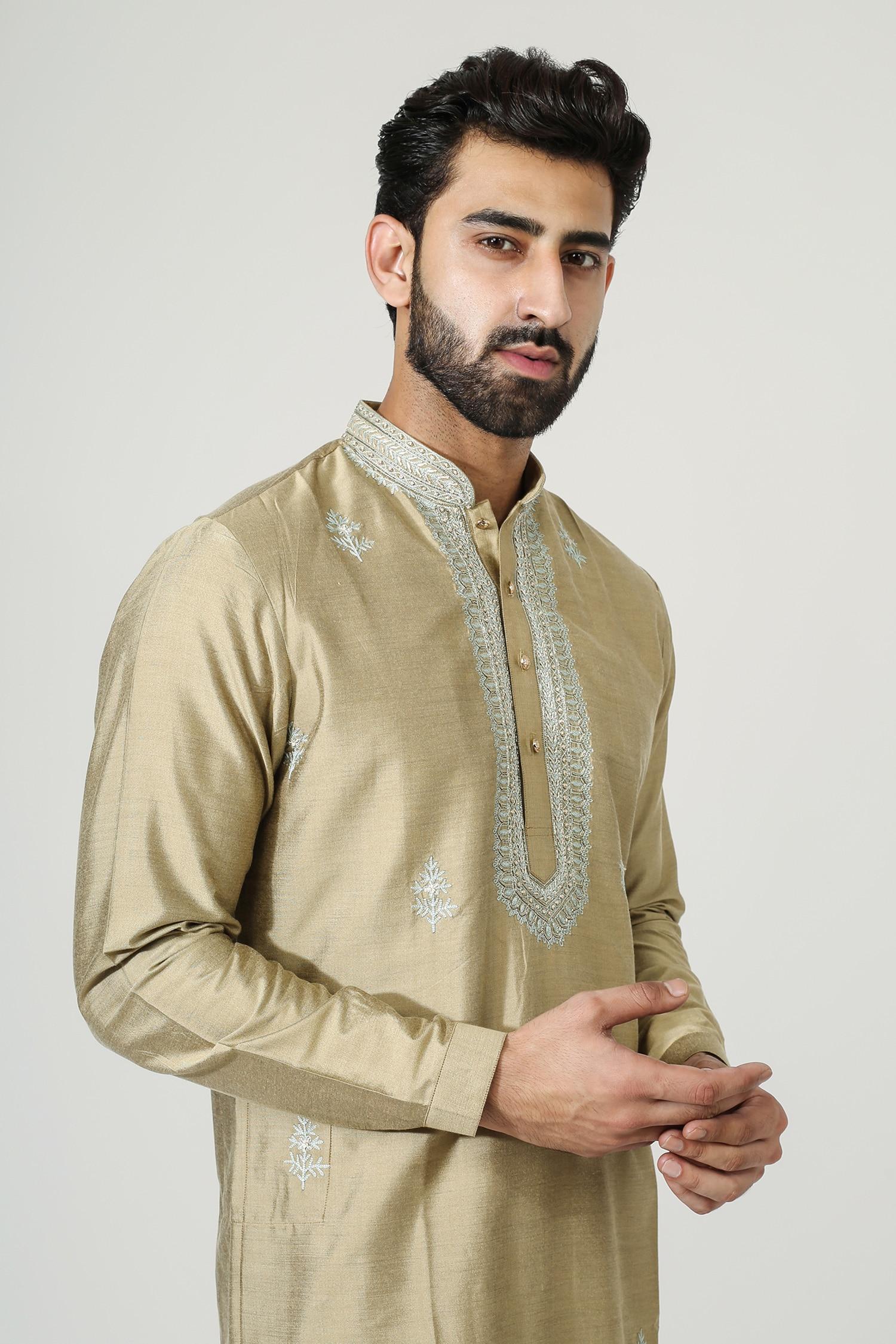 Kurta Set Gold Cotton Silk Embroidery Aari