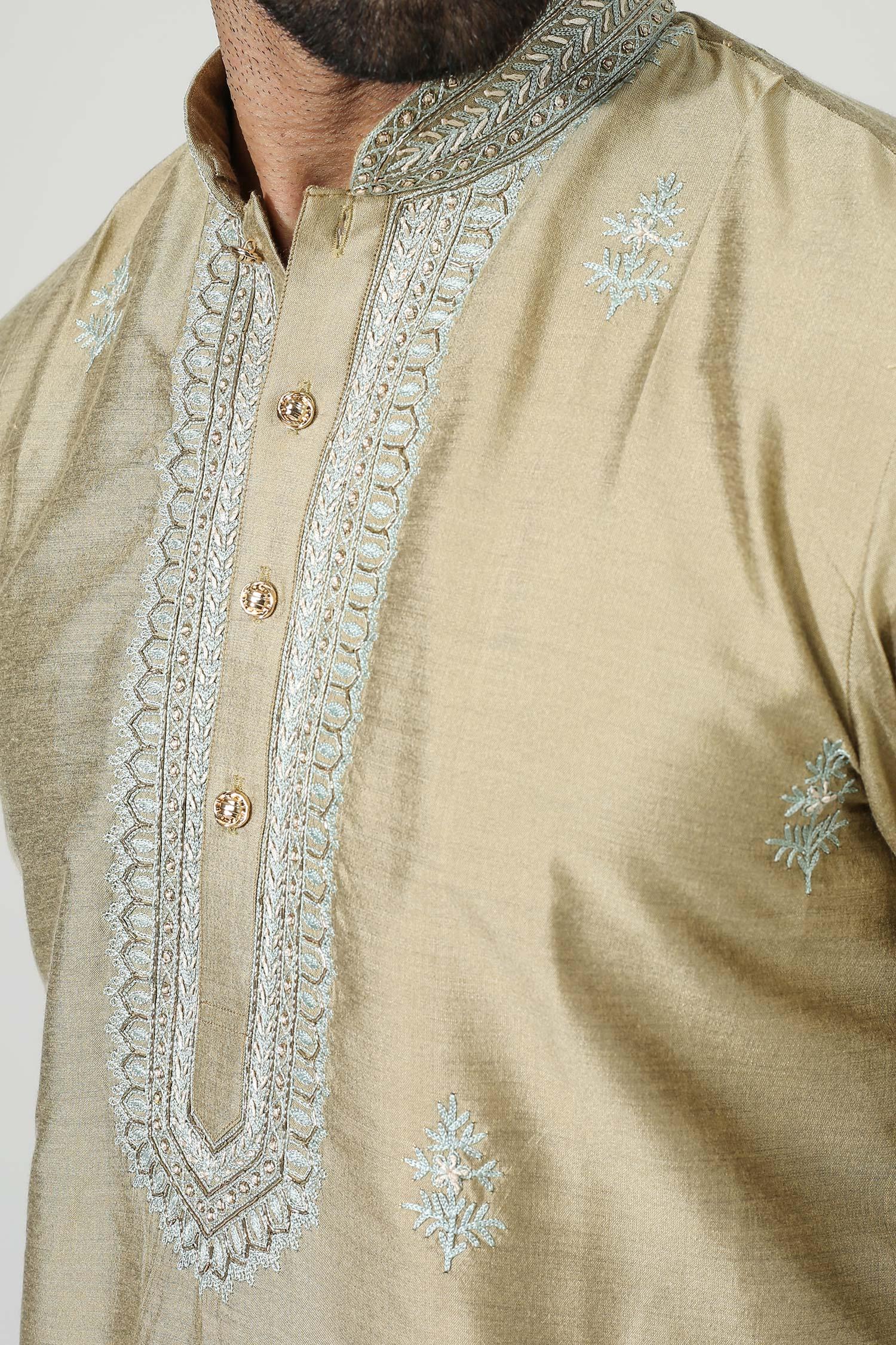 Kurta Set Gold Cotton Silk Embroidery Aari