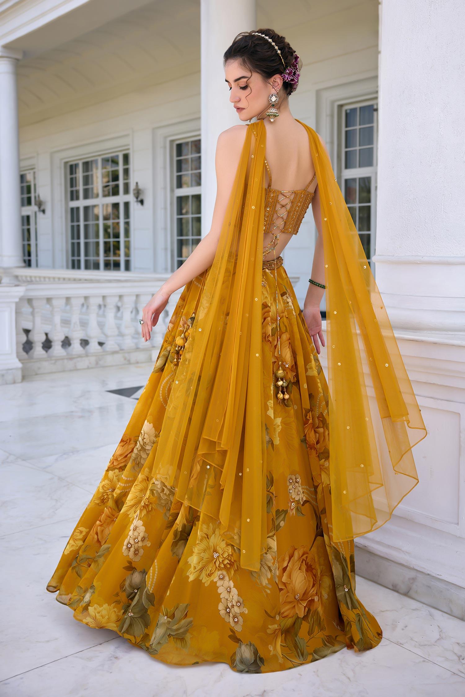 Gold Organza, Net Sequins, Beads Sweetheart Neck Cyntia Yellow Lehenga Set - Designer Kurta Set