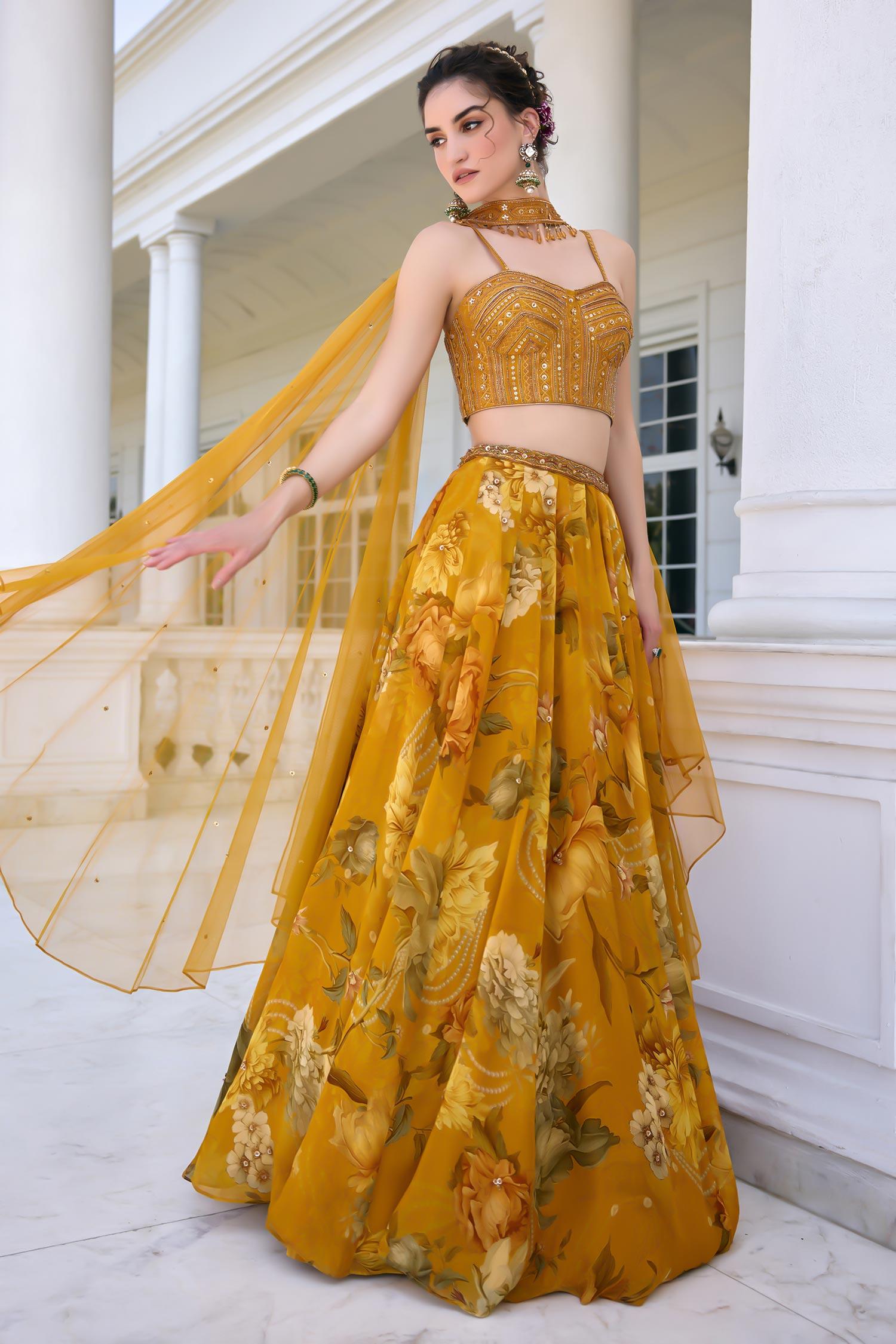 Gold Organza, Net Sequins, Beads Sweetheart Neck Cyntia Yellow Lehenga Set - Designer Kurta Set