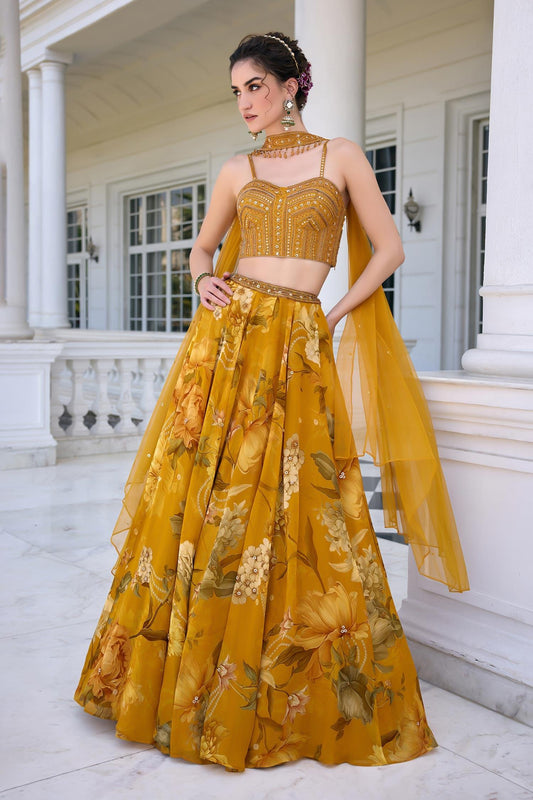 Gold Organza, Net Sequins, Beads Sweetheart Neck Cyntia Yellow Lehenga Set - Designer Kurta Set