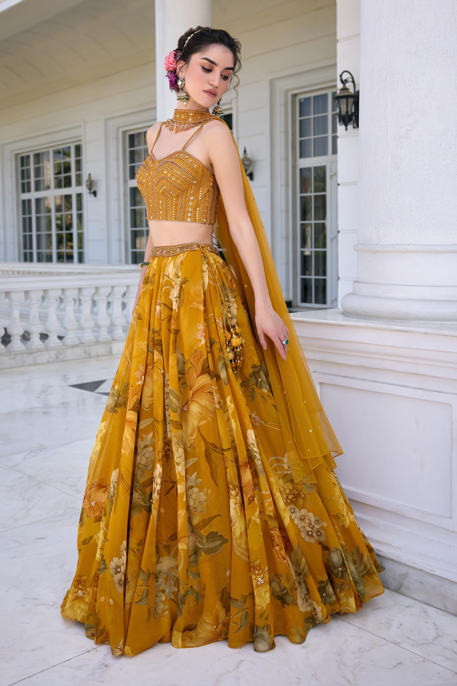 Gold Organza, Net Sequins, Beads Sweetheart Neck Cyntia Yellow Lehenga Set - Designer Kurta Set