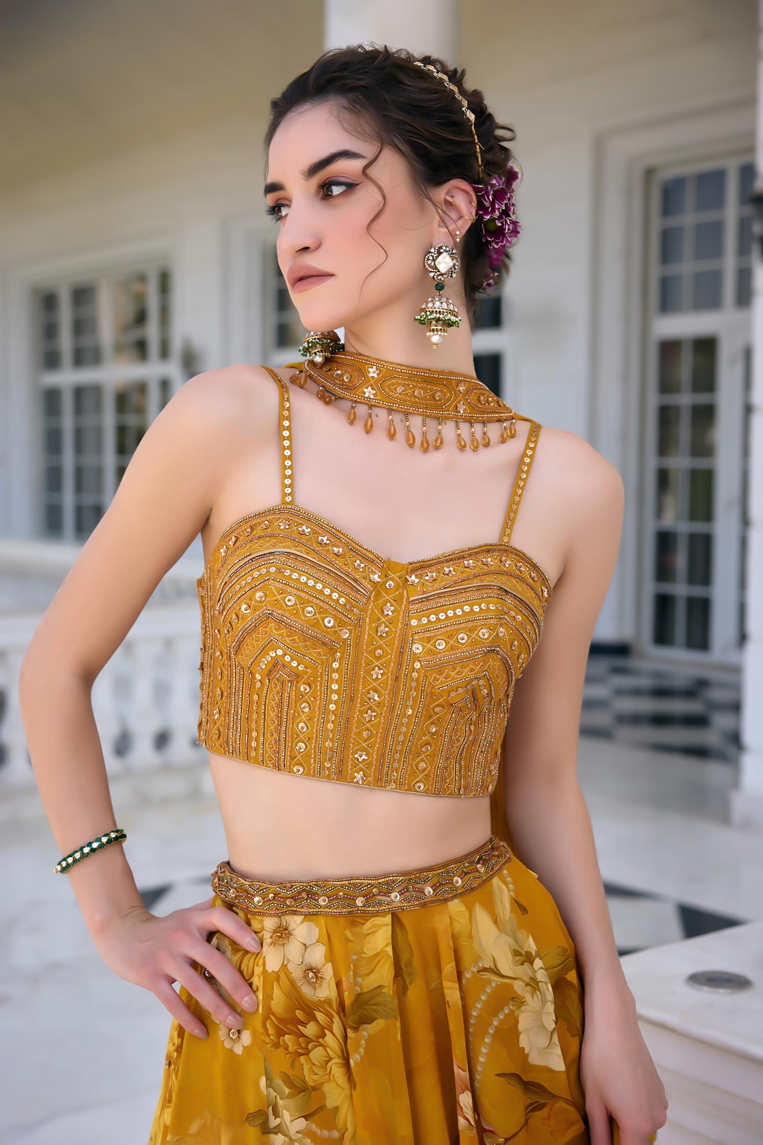 Gold Organza, Net Sequins, Beads Sweetheart Neck Cyntia Yellow Lehenga Set - Designer Kurta Set
