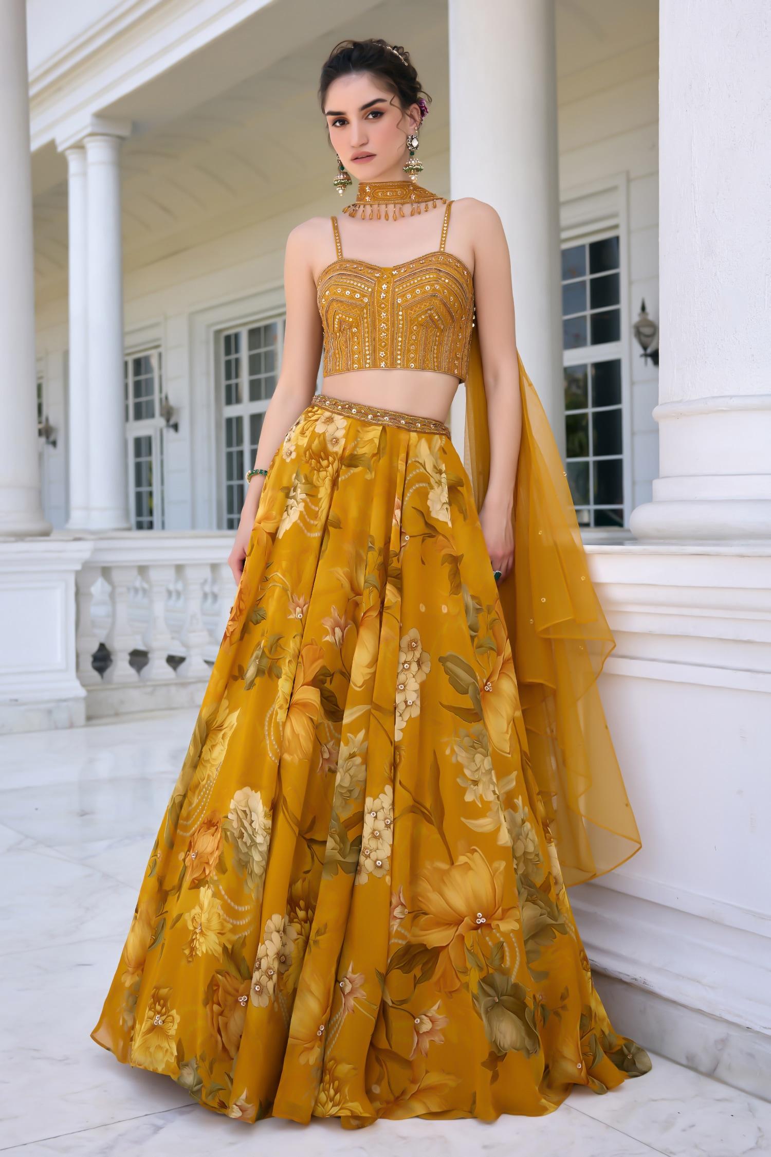 Gold Organza, Net Sequins, Beads Sweetheart Neck Cyntia Yellow Lehenga Set - Designer Kurta Set