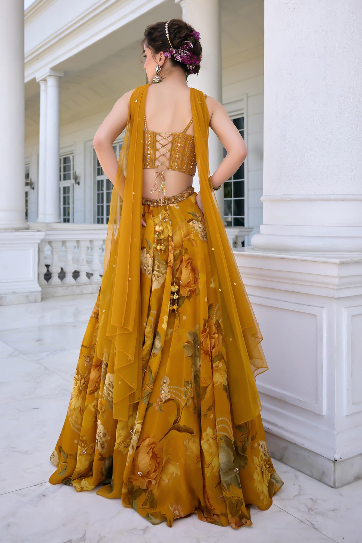 Gold Organza, Net Sequins, Beads Sweetheart Neck Cyntia Yellow Lehenga Set - Designer Kurta Set