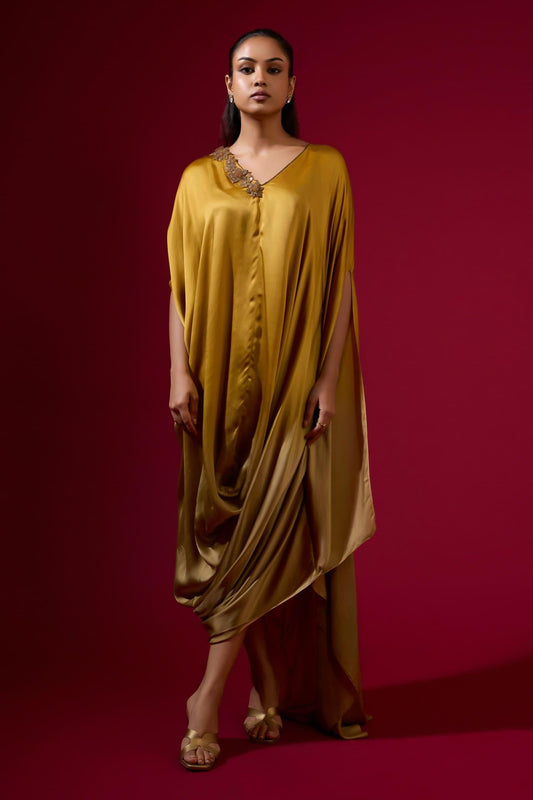 Gold Silk Satin V-neck Kaftan - Designer Kurta Set