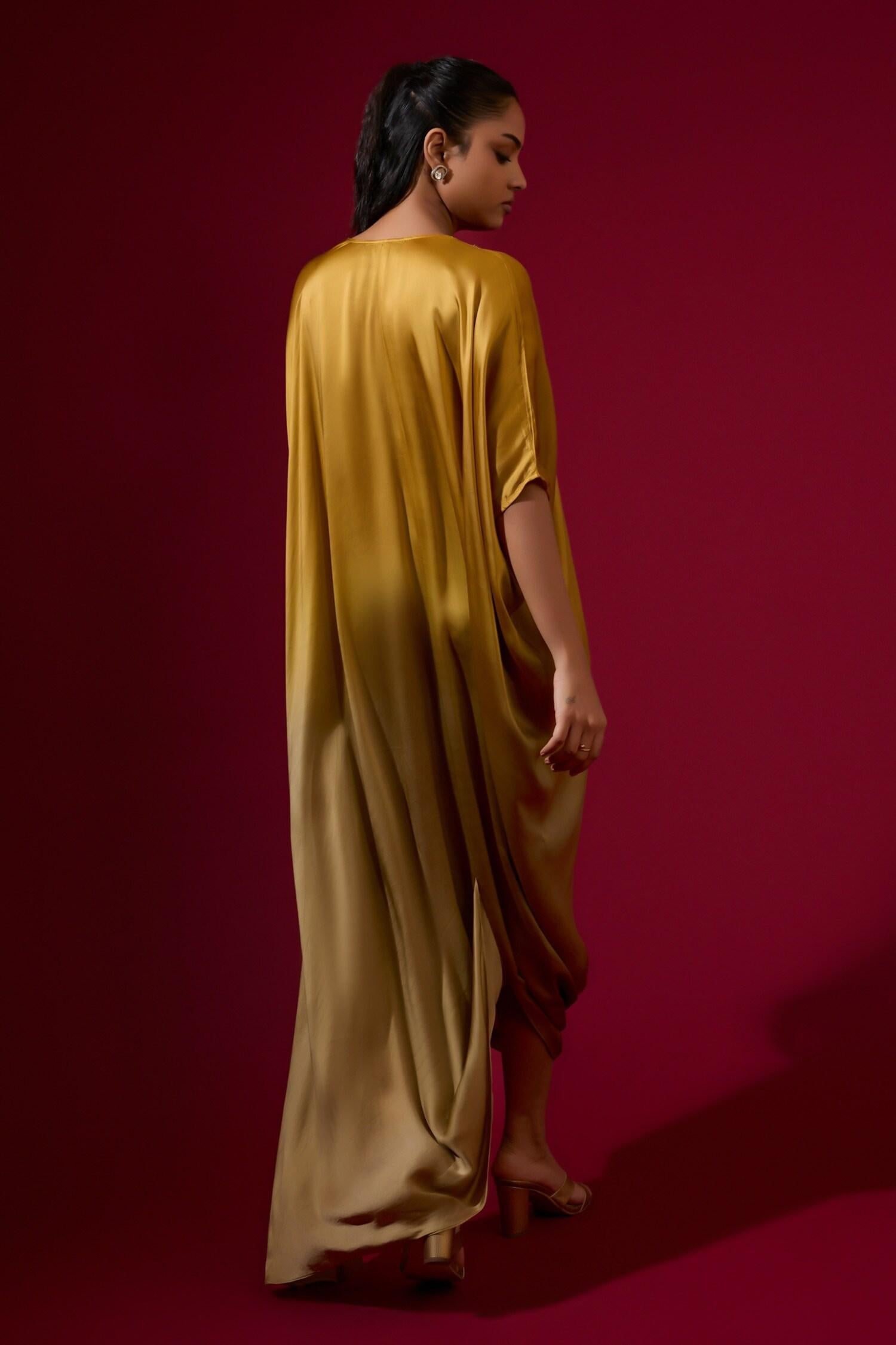 Gold Silk Satin V-neck Kaftan - Designer Kurta Set
