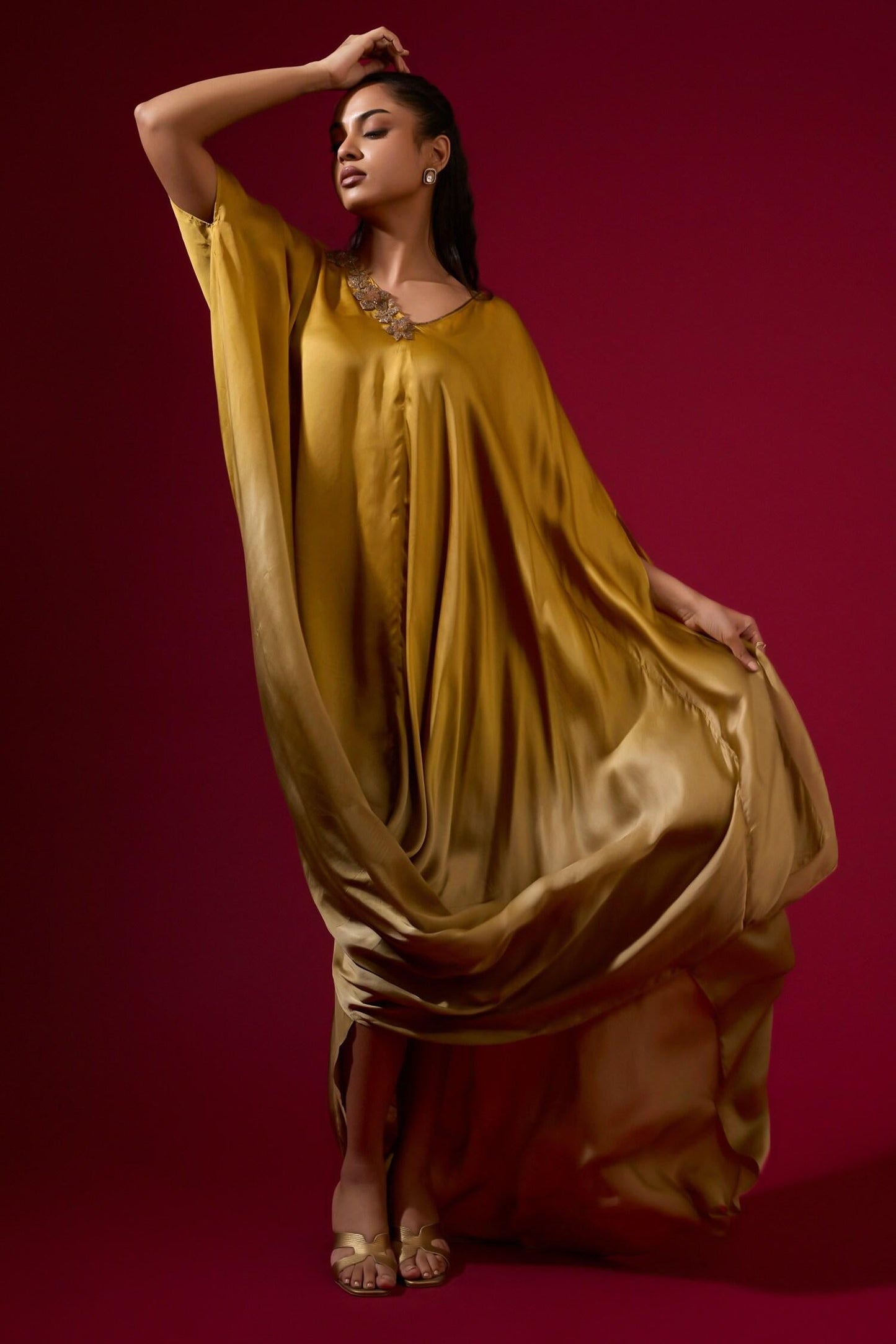 Gold Silk Satin V-neck Kaftan - Designer Kurta Set
