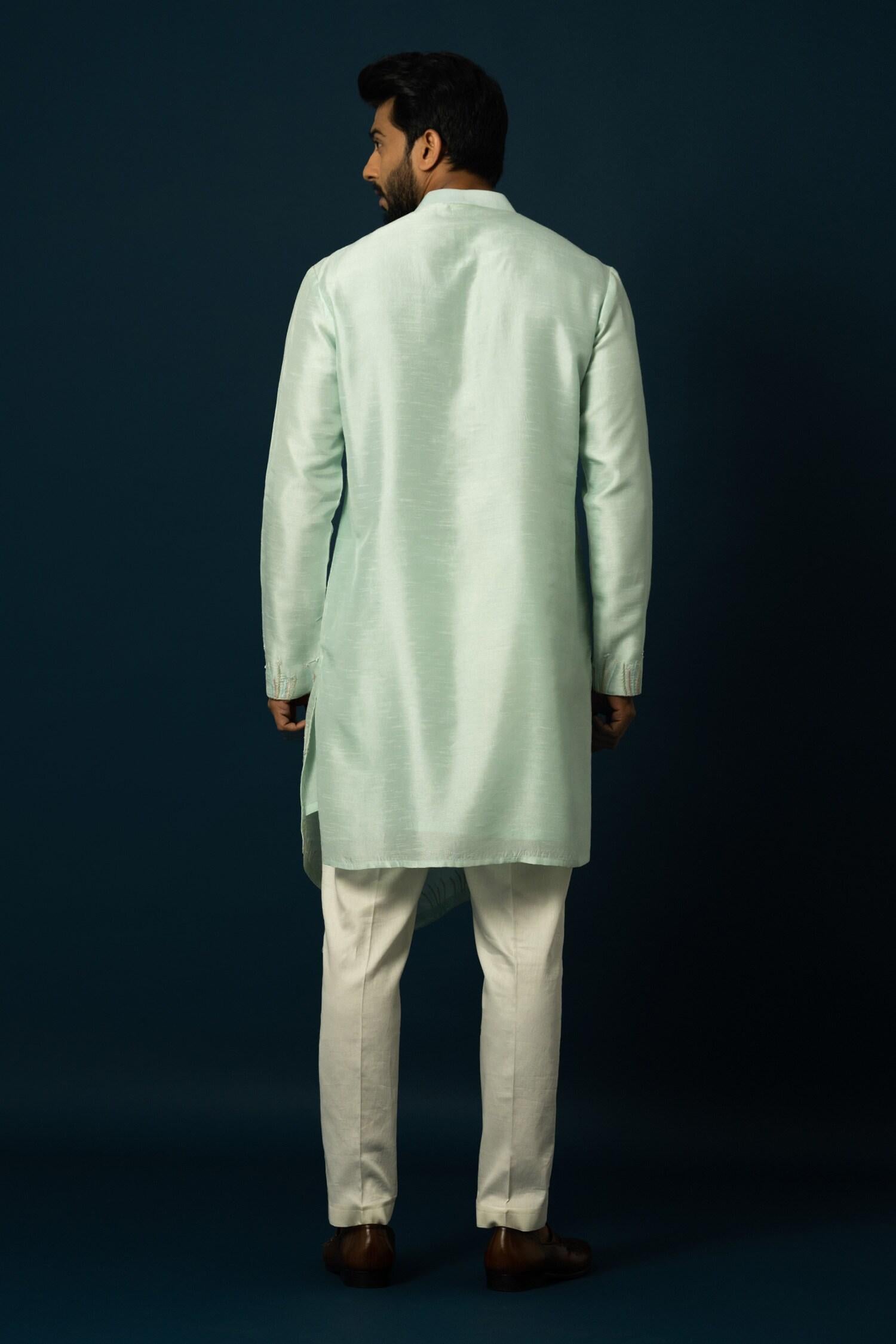 Kurta With Pyjama Green Bamboo Cotton Sequins Embroidery Seaform Thread Work