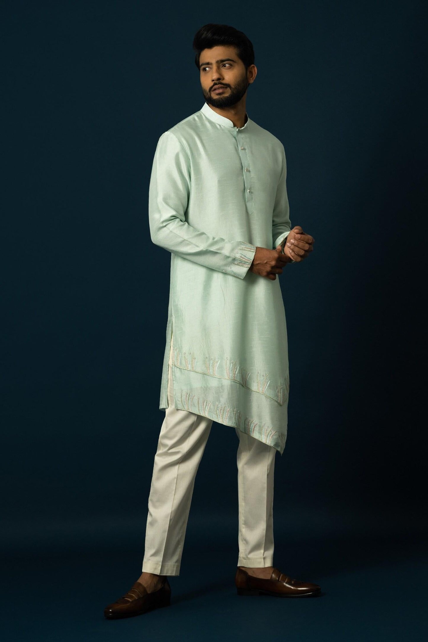 Kurta With Pyjama Green Bamboo Cotton Sequins Embroidery Seaform Thread Work