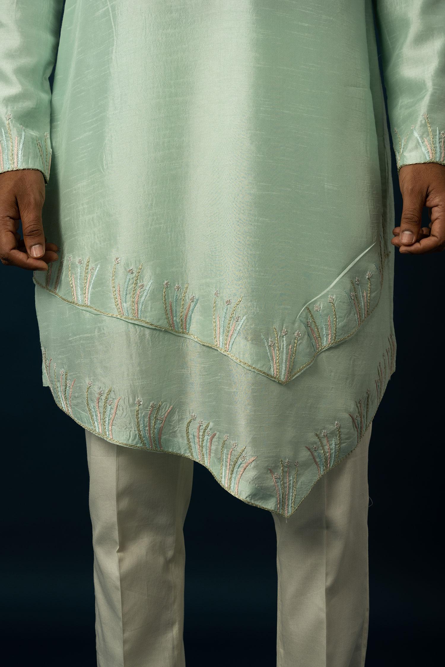 Kurta With Pyjama Green Bamboo Cotton Sequins Embroidery Seaform Thread Work