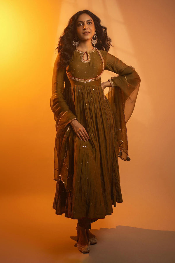 Green Chanderi, Silk, Organza Parijat Mirror Embroidered Anarkali Pant Set - Designer Kurta Set