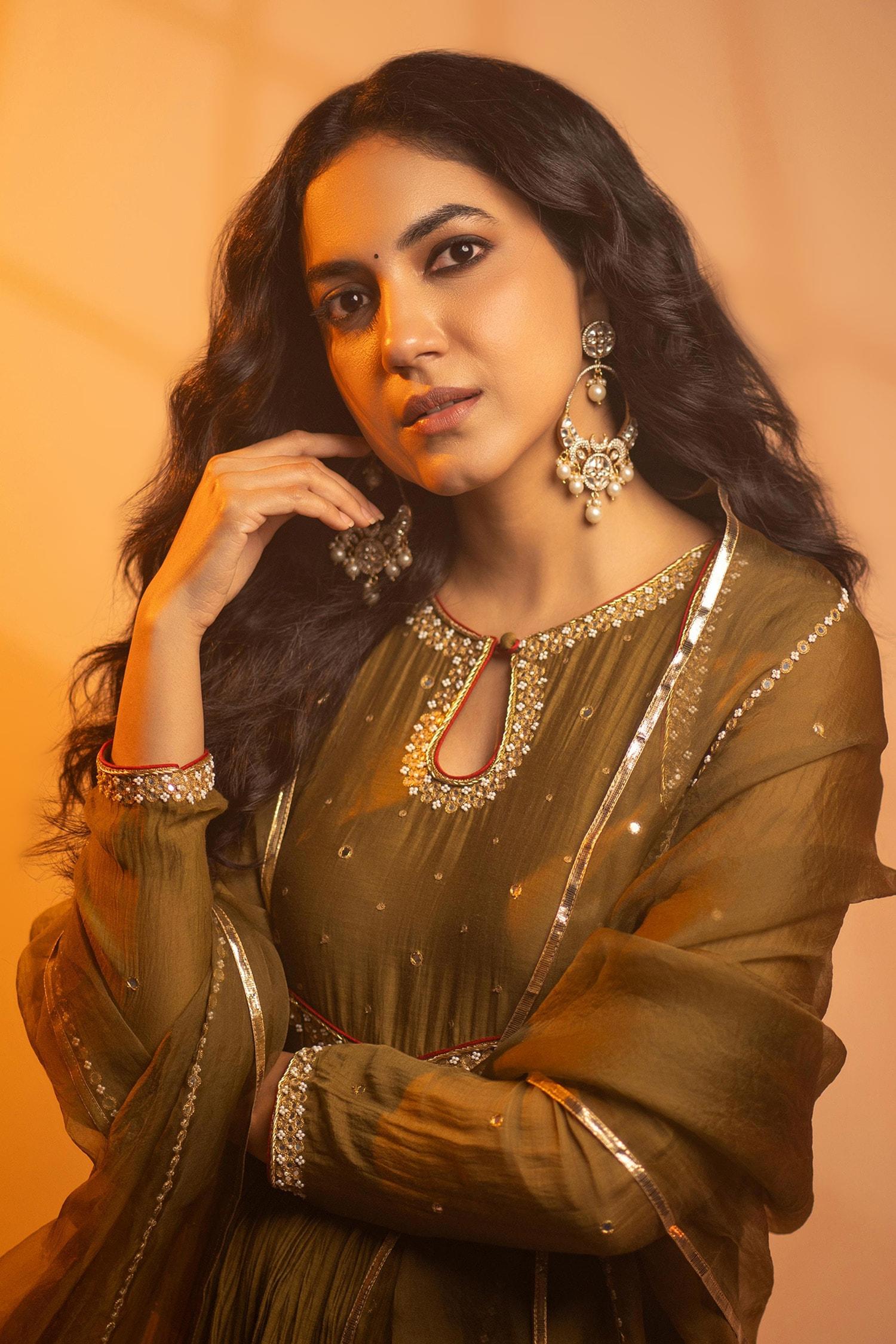 Green Chanderi, Silk, Organza Parijat Mirror Embroidered Anarkali Pant Set - Designer Kurta Set