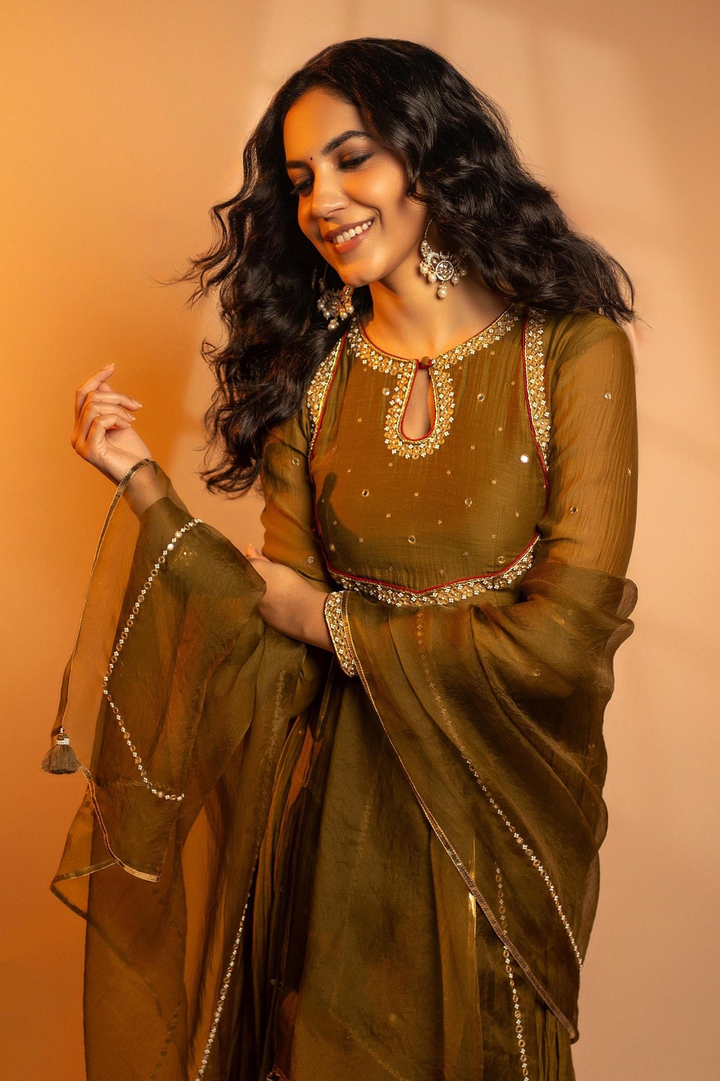 Green Chanderi, Silk, Organza Parijat Mirror Embroidered Anarkali Pant Set - Designer Kurta Set