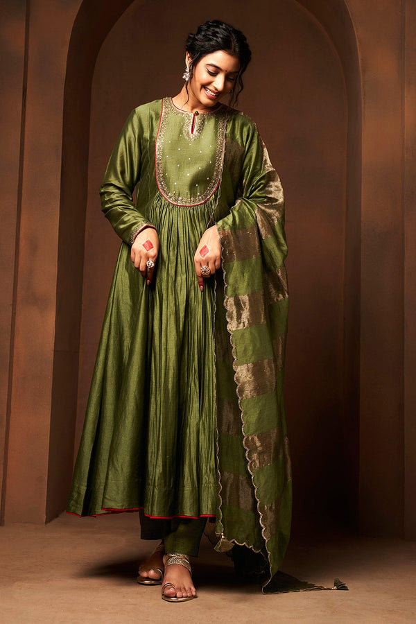 Green Chanderi, Silk Sequins, Embroidery Round Neck Anarkali Set - Designer Kurta Set