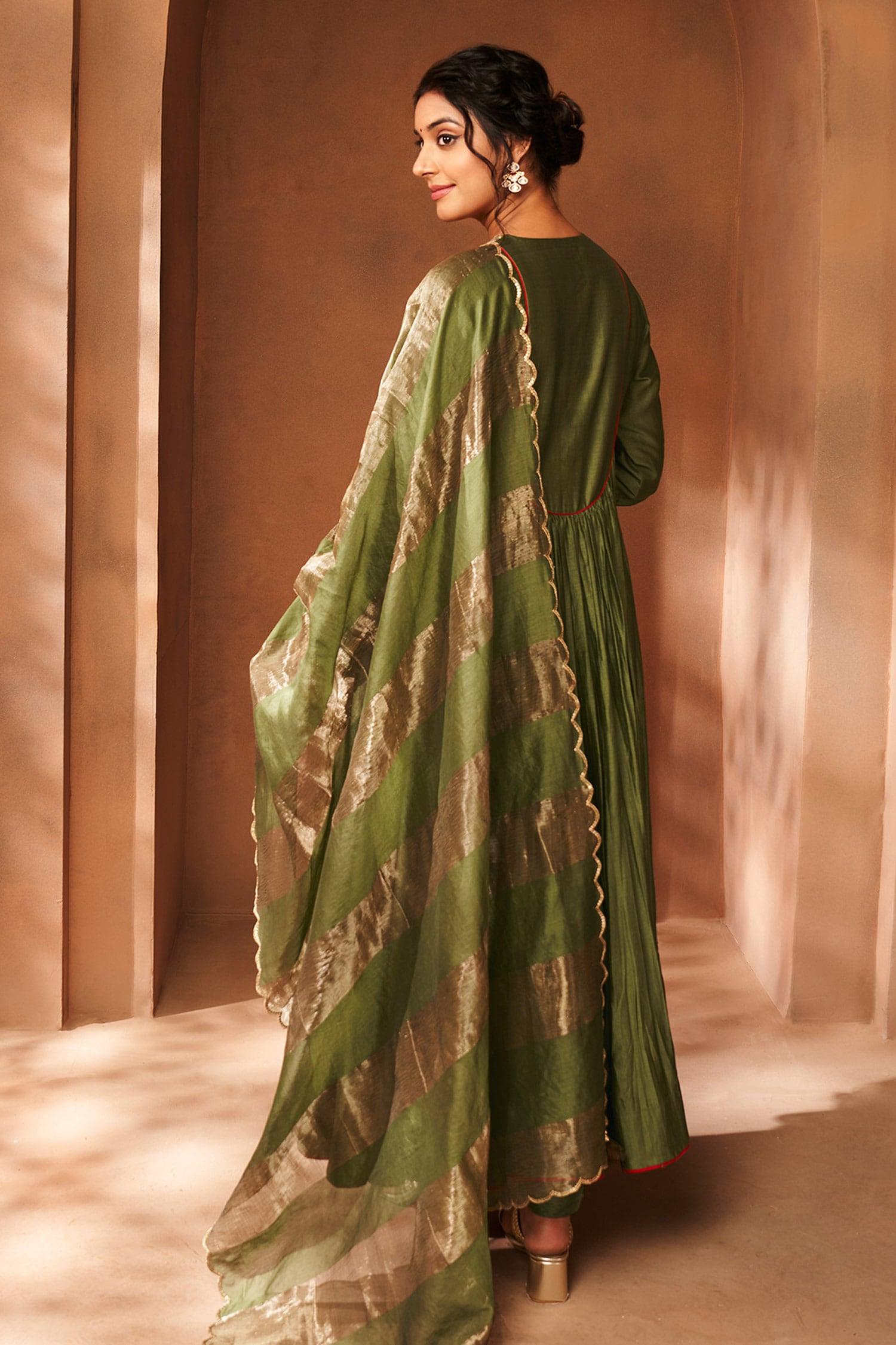 Green Chanderi, Silk Sequins, Embroidery Round Neck Anarkali Set - Designer Kurta Set