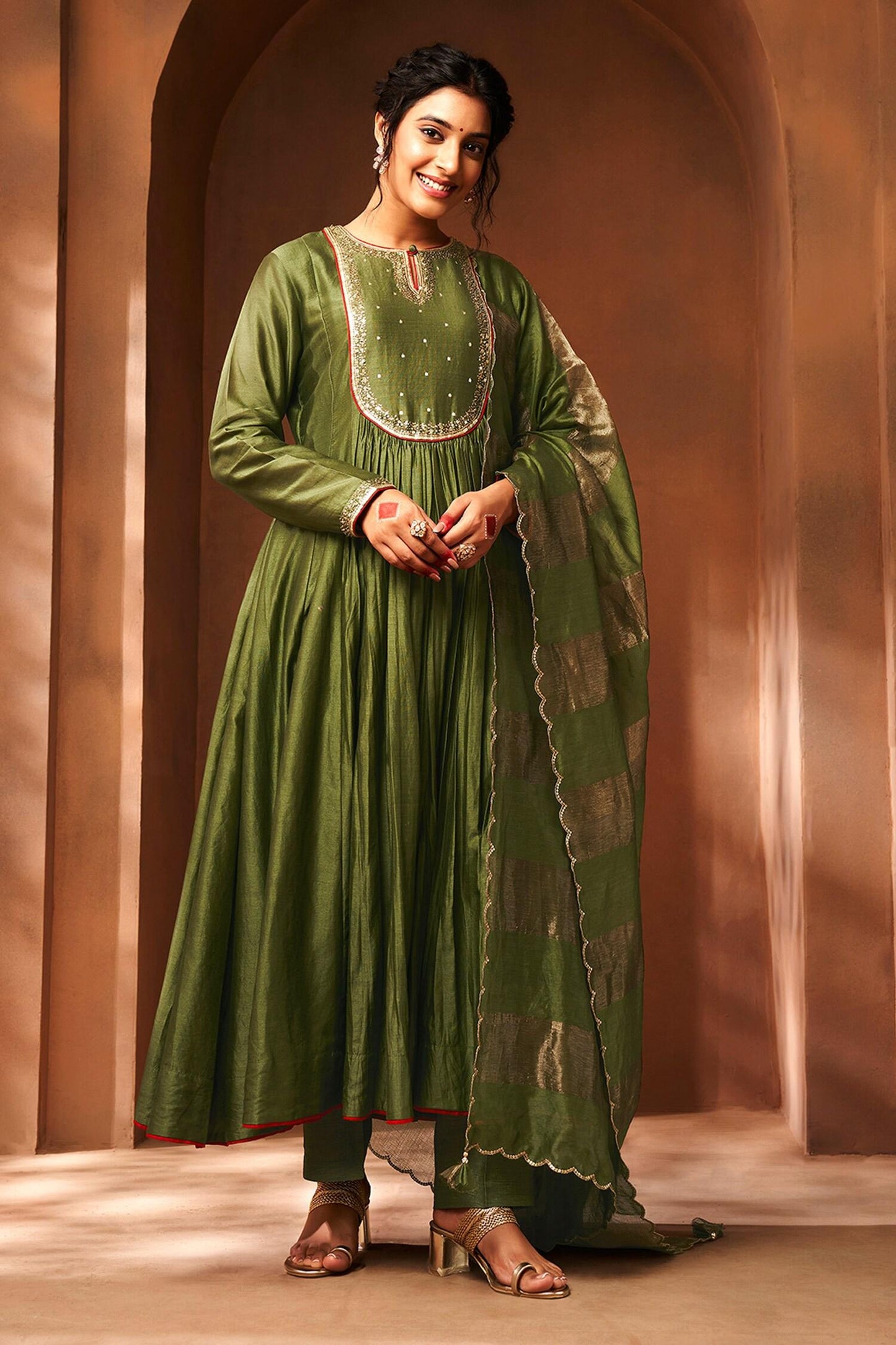 Green Chanderi, Silk Sequins, Embroidery Round Neck Anarkali Set - Designer Kurta Set