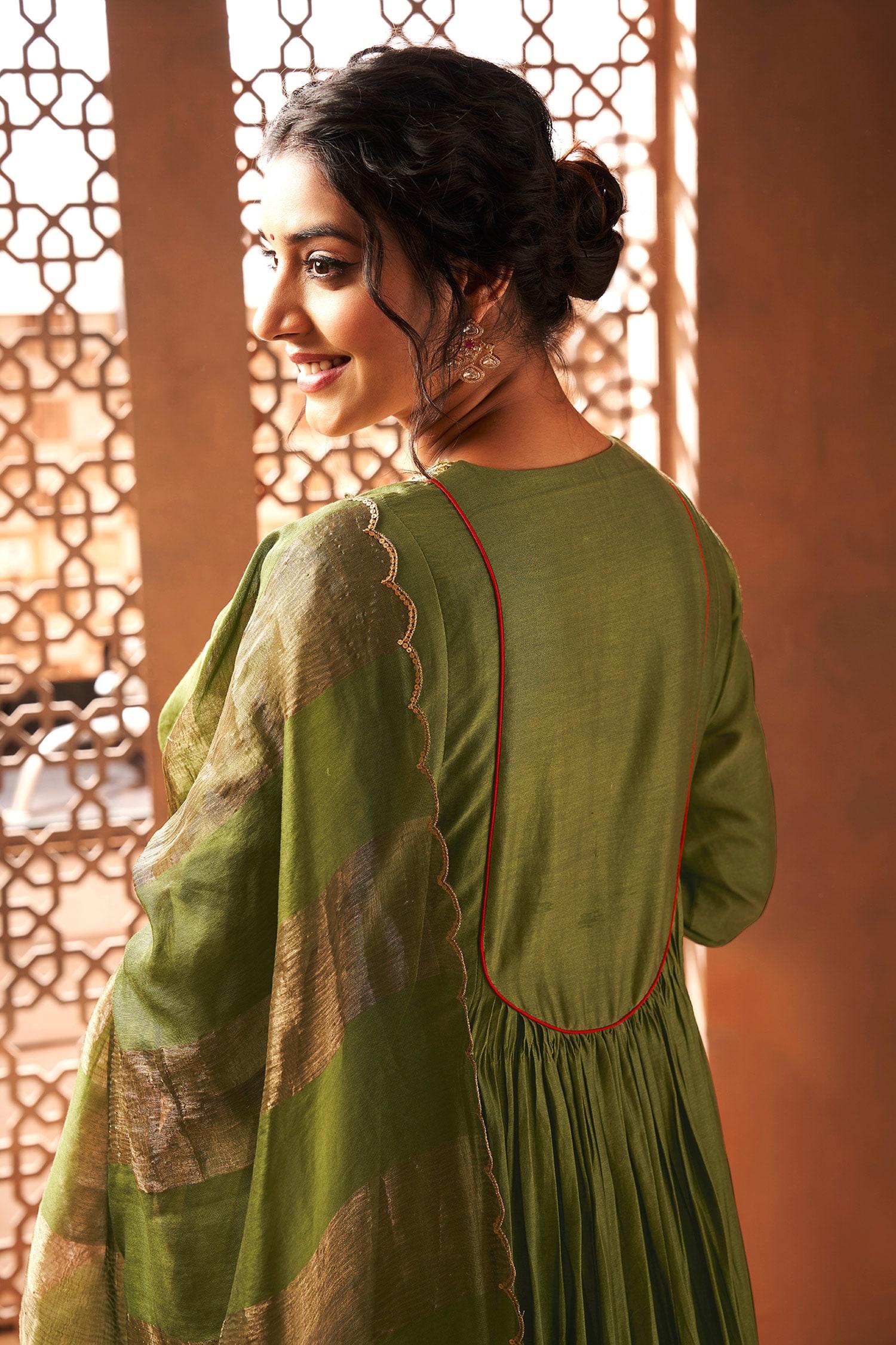 Green Chanderi, Silk Sequins, Embroidery Round Neck Anarkali Set - Designer Kurta Set