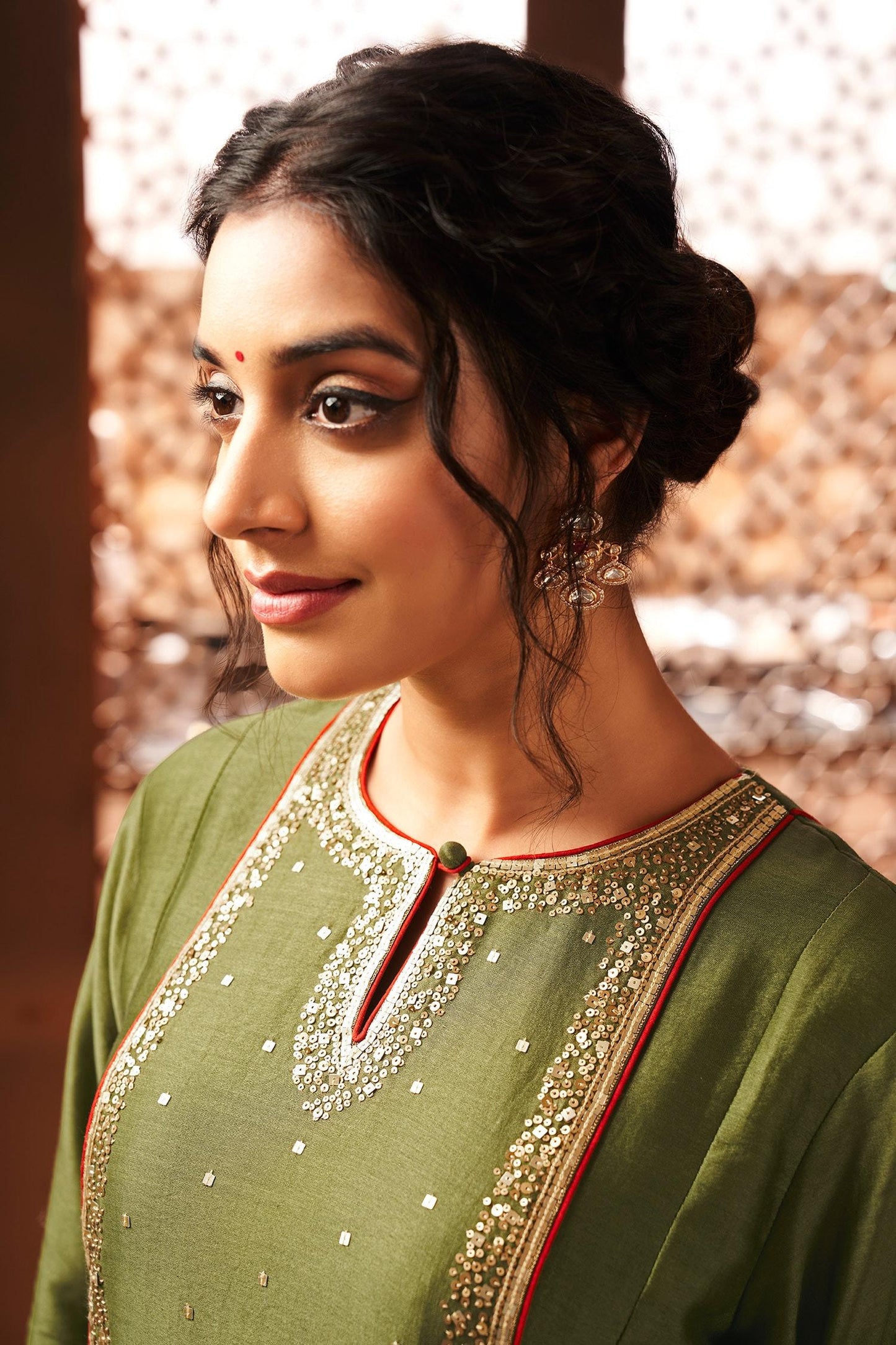 Green Chanderi, Silk Sequins, Embroidery Round Neck Anarkali Set - Designer Kurta Set