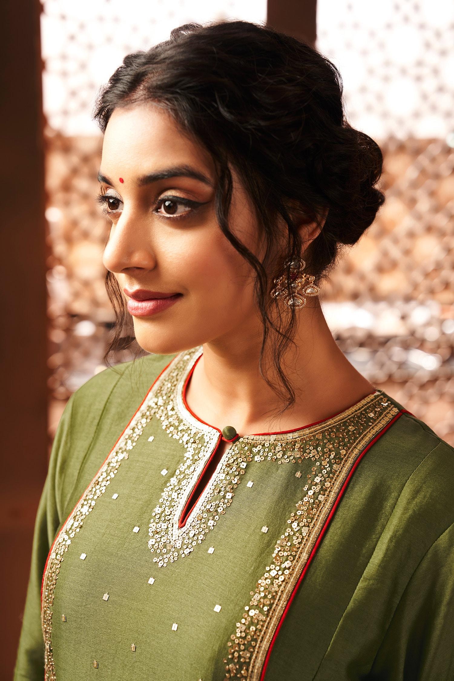 Green Chanderi, Silk Sequins, Embroidery Round Neck Anarkali Set - Designer Kurta Set
