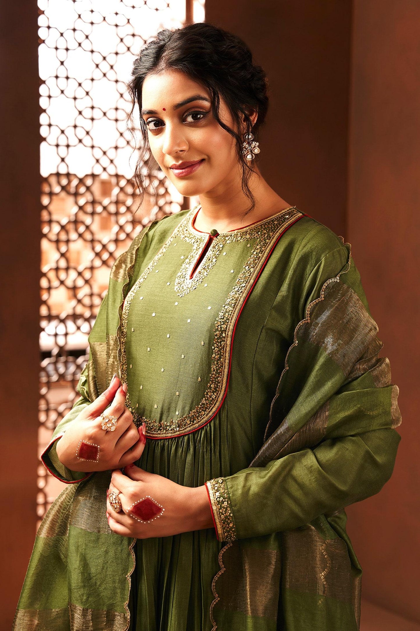 Green Chanderi, Silk Sequins, Embroidery Round Neck Anarkali Set - Designer Kurta Set