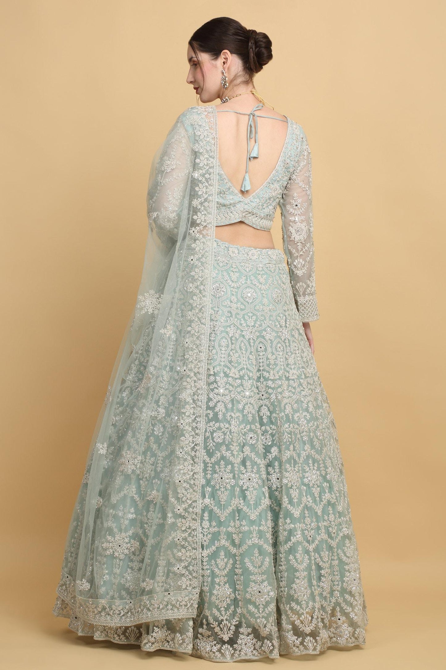 Green Cotton, Organza Embroidery Asymmetric Suhana Floral Bridal Lehenga Set - Designer Kurta Set