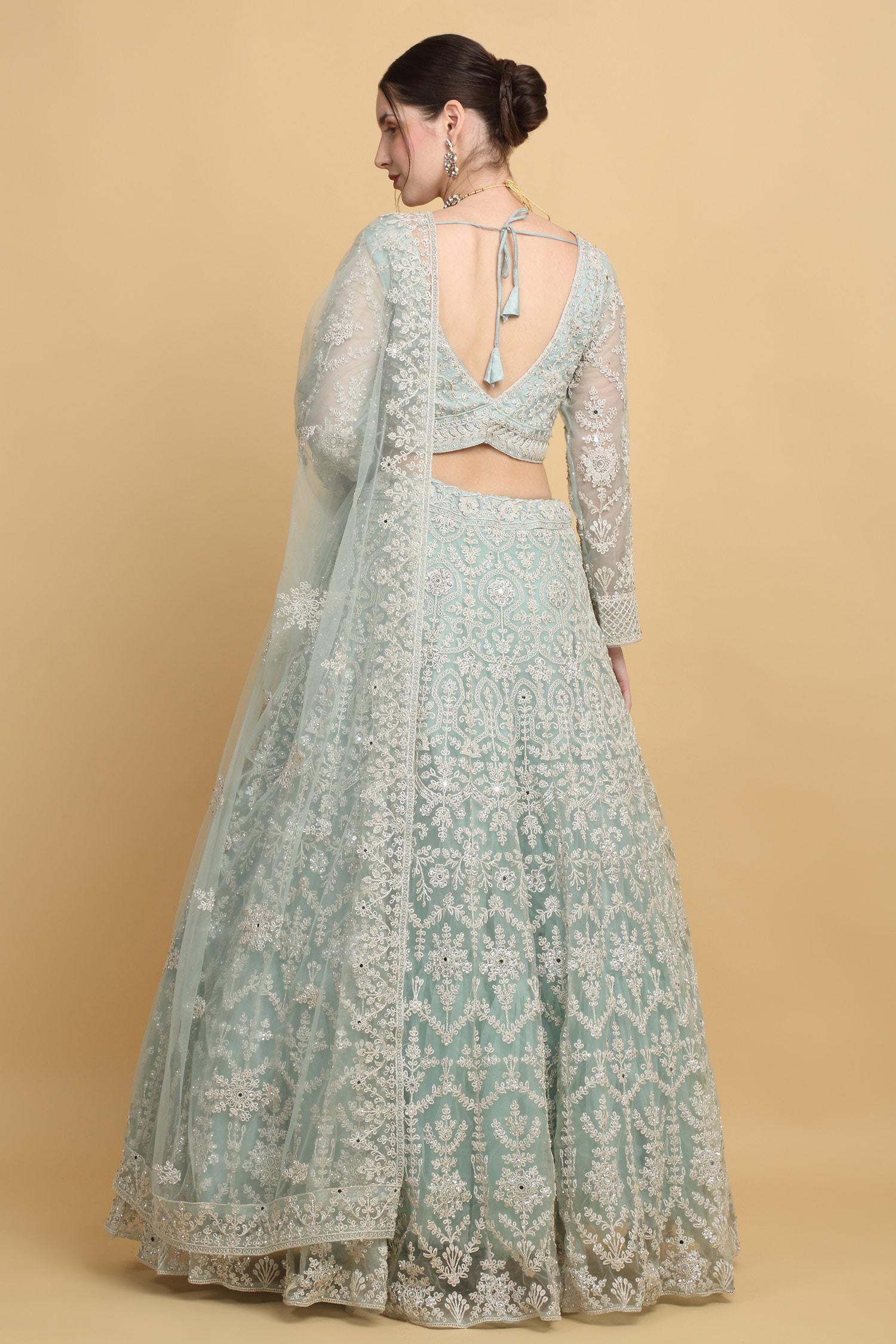 Green Cotton, Organza Embroidery Asymmetric Suhana Floral Bridal Lehenga Set - Designer Kurta Set