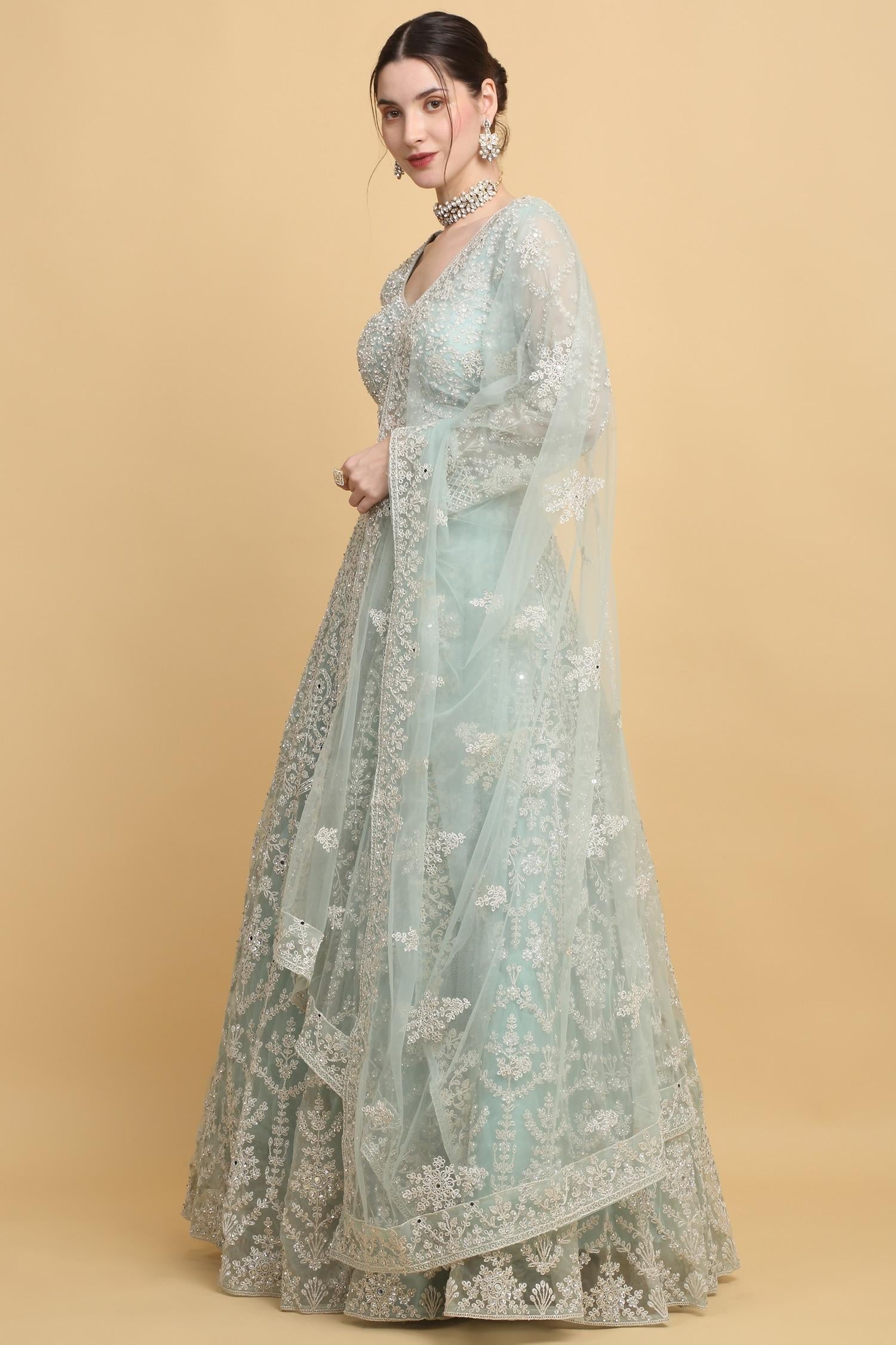 Green Cotton, Organza Embroidery Asymmetric Suhana Floral Bridal Lehenga Set - Designer Kurta Set