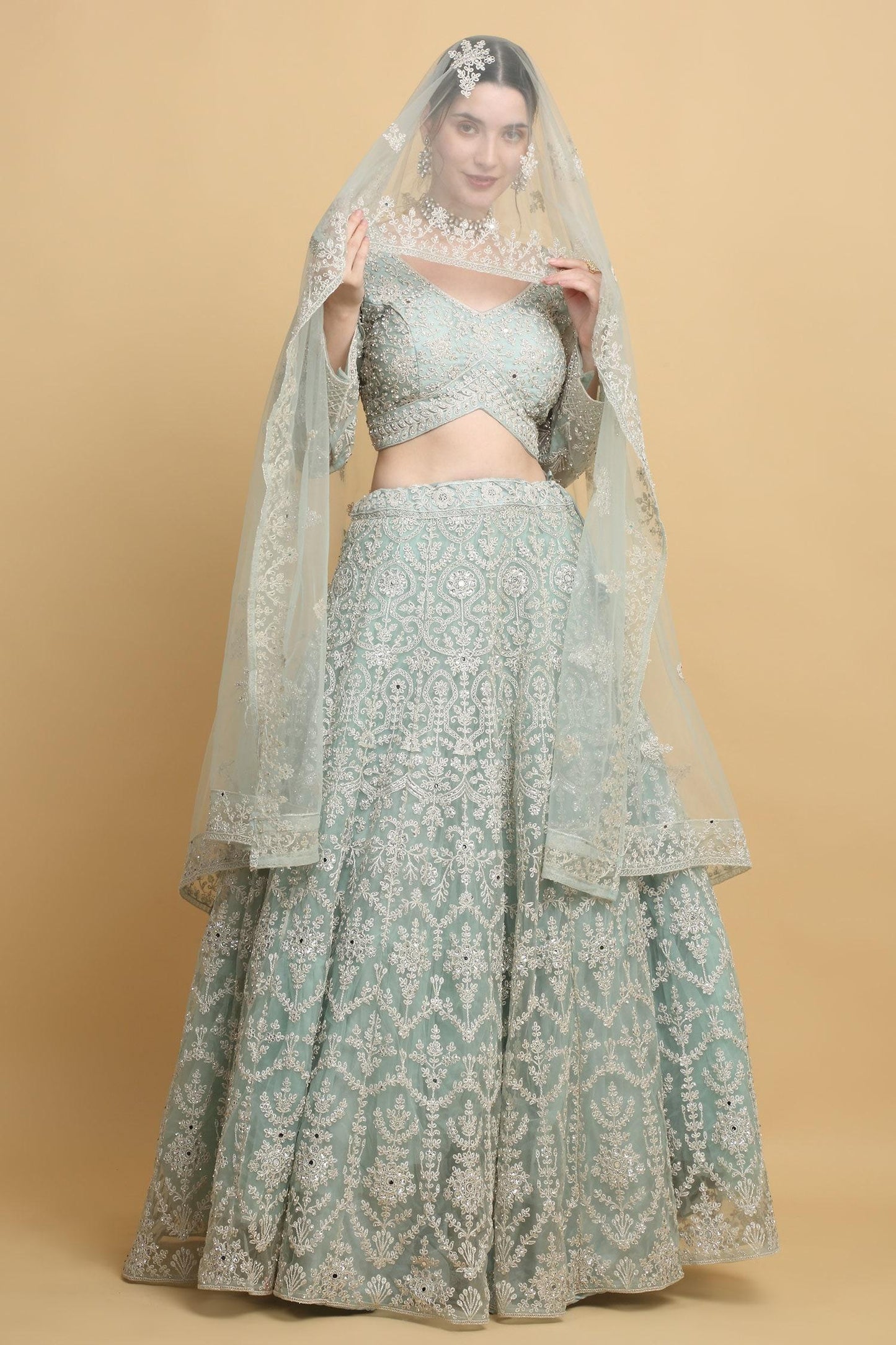 Green Cotton, Organza Embroidery Asymmetric Suhana Floral Bridal Lehenga Set - Designer Kurta Set