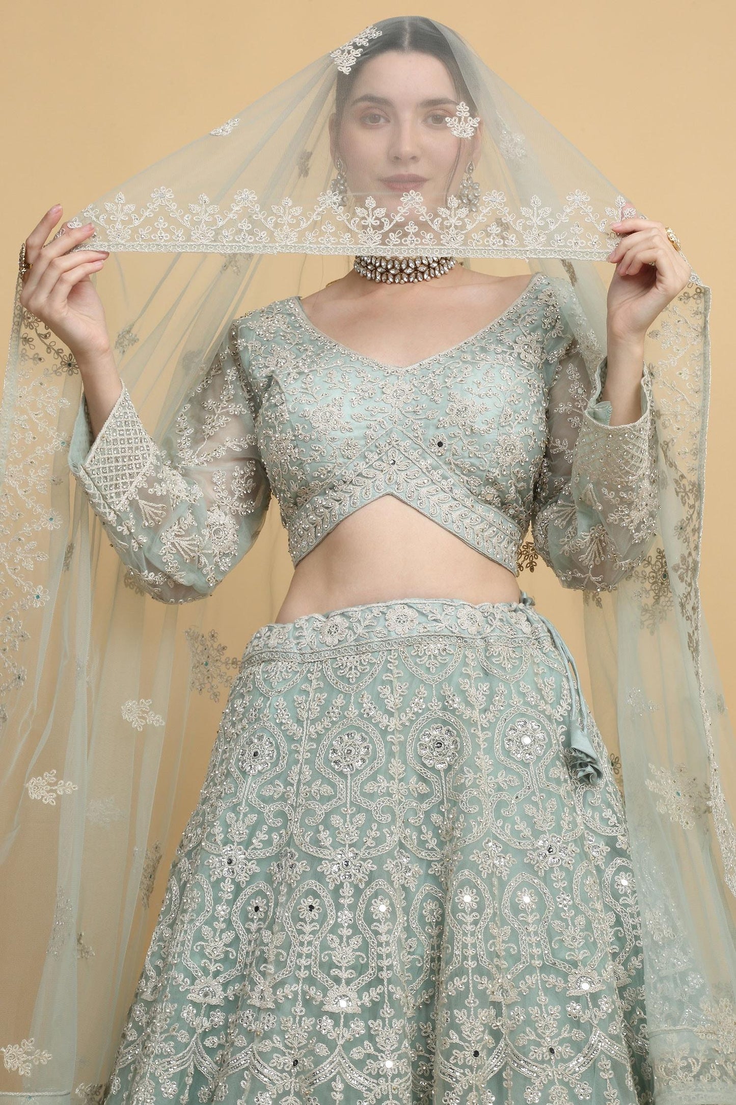 Green Cotton, Organza Embroidery Asymmetric Suhana Floral Bridal Lehenga Set - Designer Kurta Set