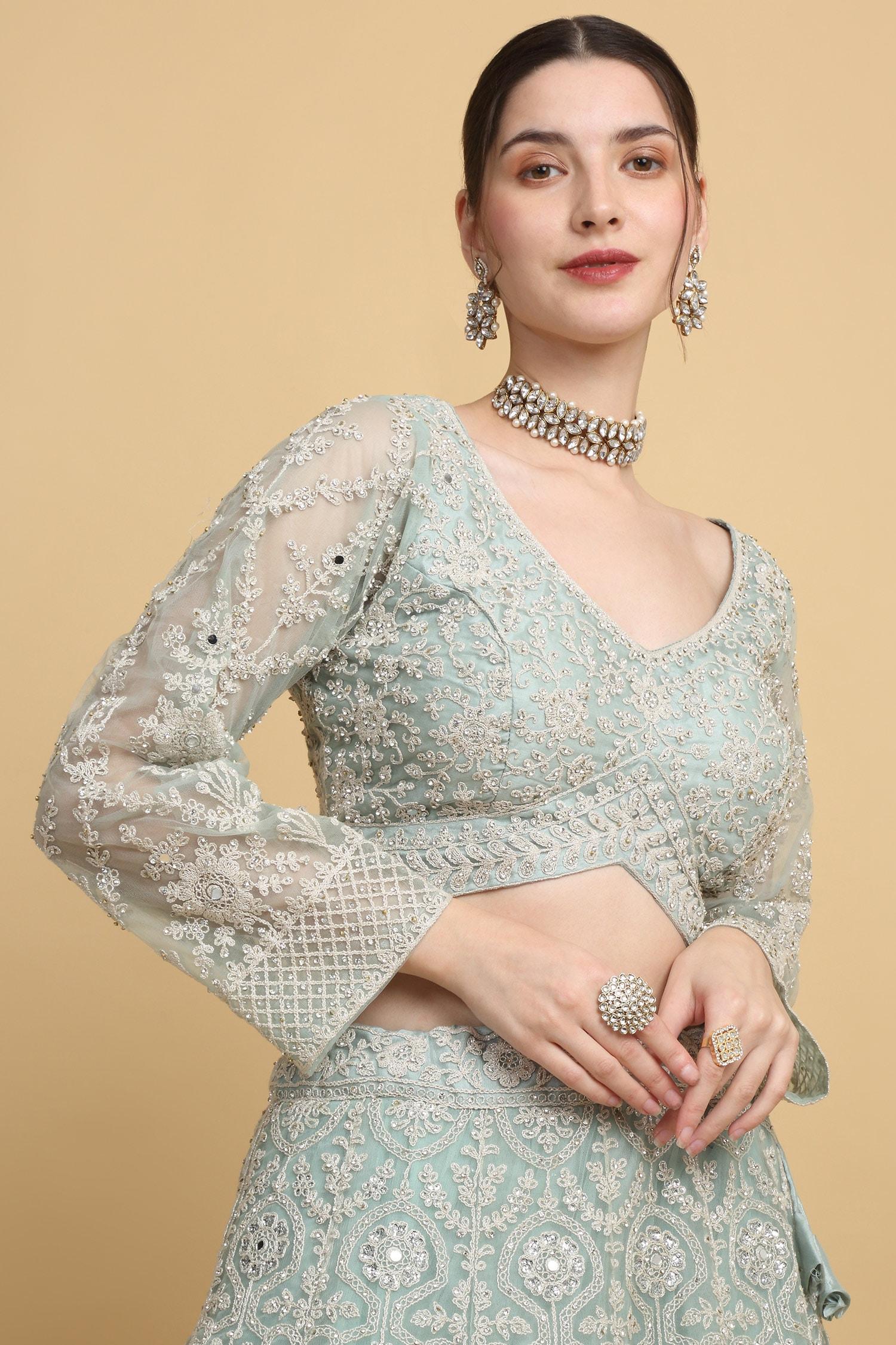 Green Cotton, Organza Embroidery Asymmetric Suhana Floral Bridal Lehenga Set - Designer Kurta Set