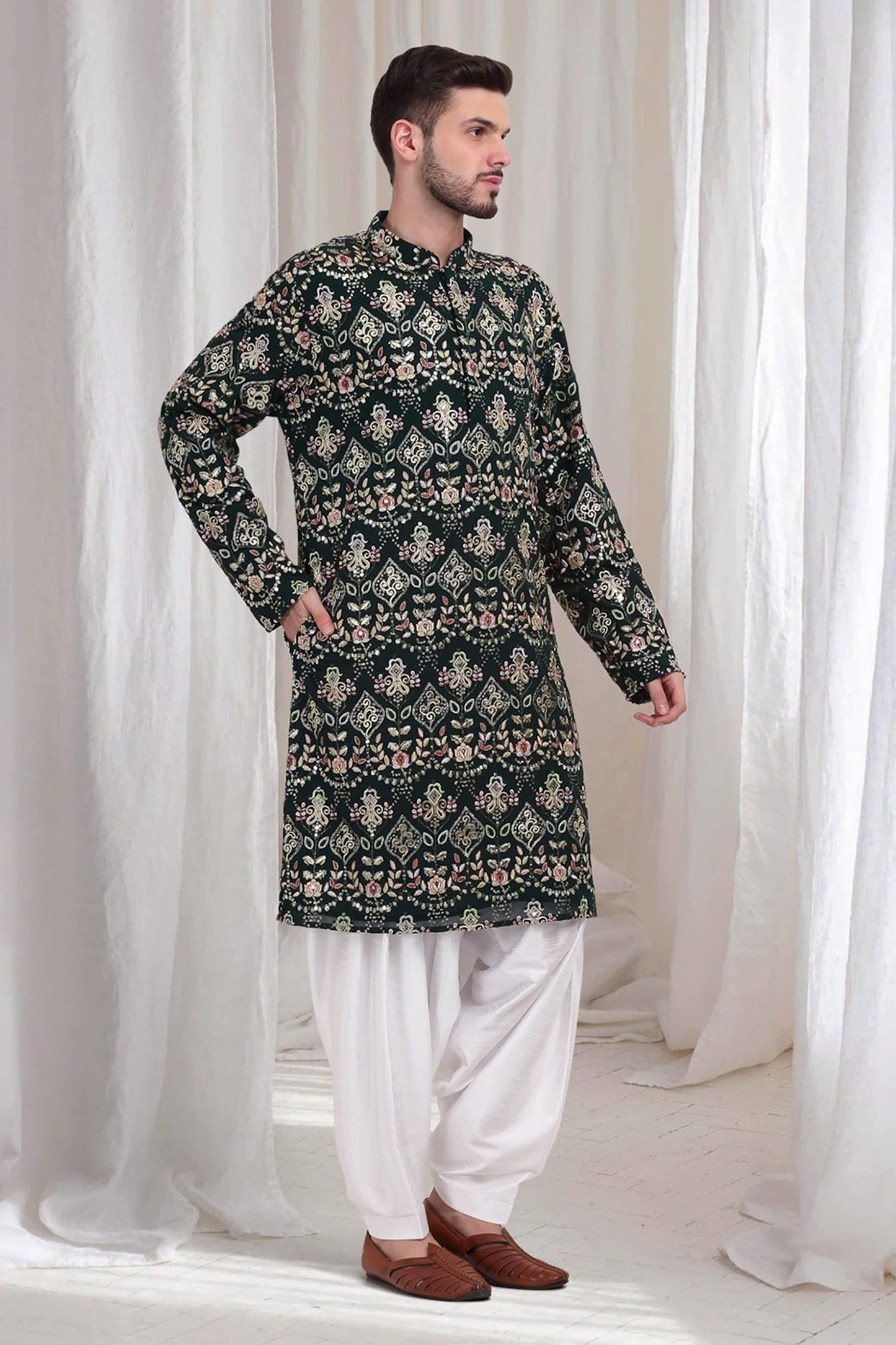 Kurta With Patiala Green Cotton Sequins Embroidery Krish