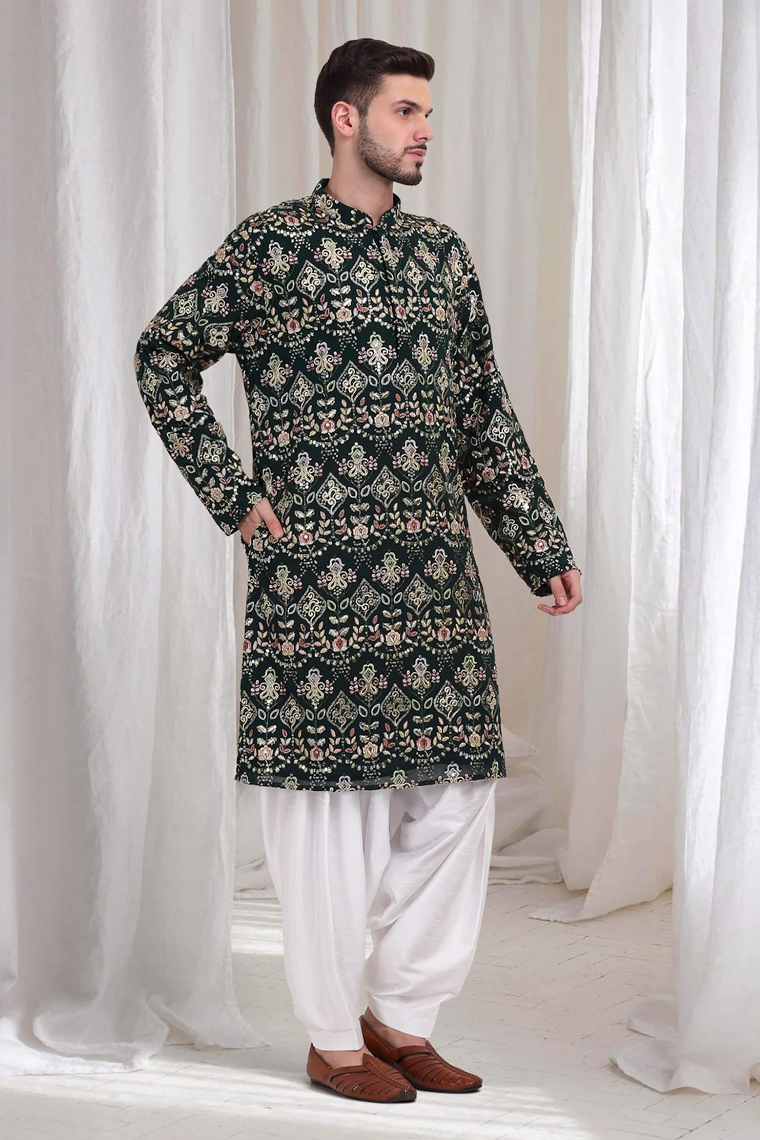 Kurta With Patiala Green Cotton Sequins Embroidery Krish