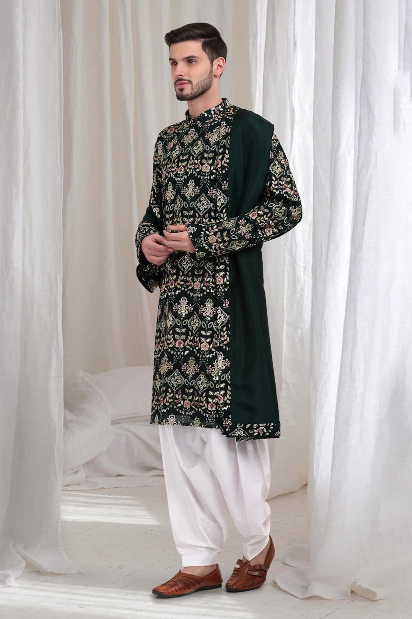 Kurta With Patiala Green Cotton Sequins Embroidery Krish