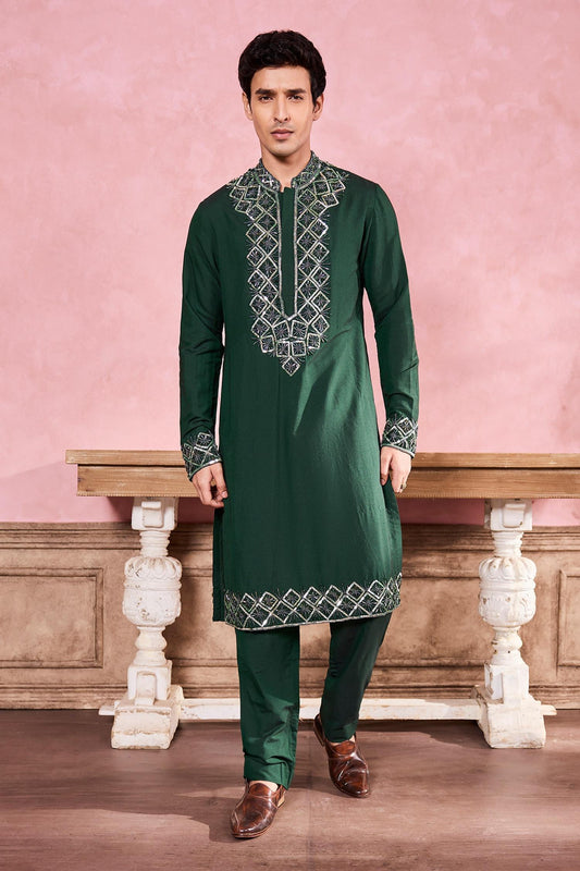 Kurta With Pant Green Cotton Silk Embroidered Crystals Geometric