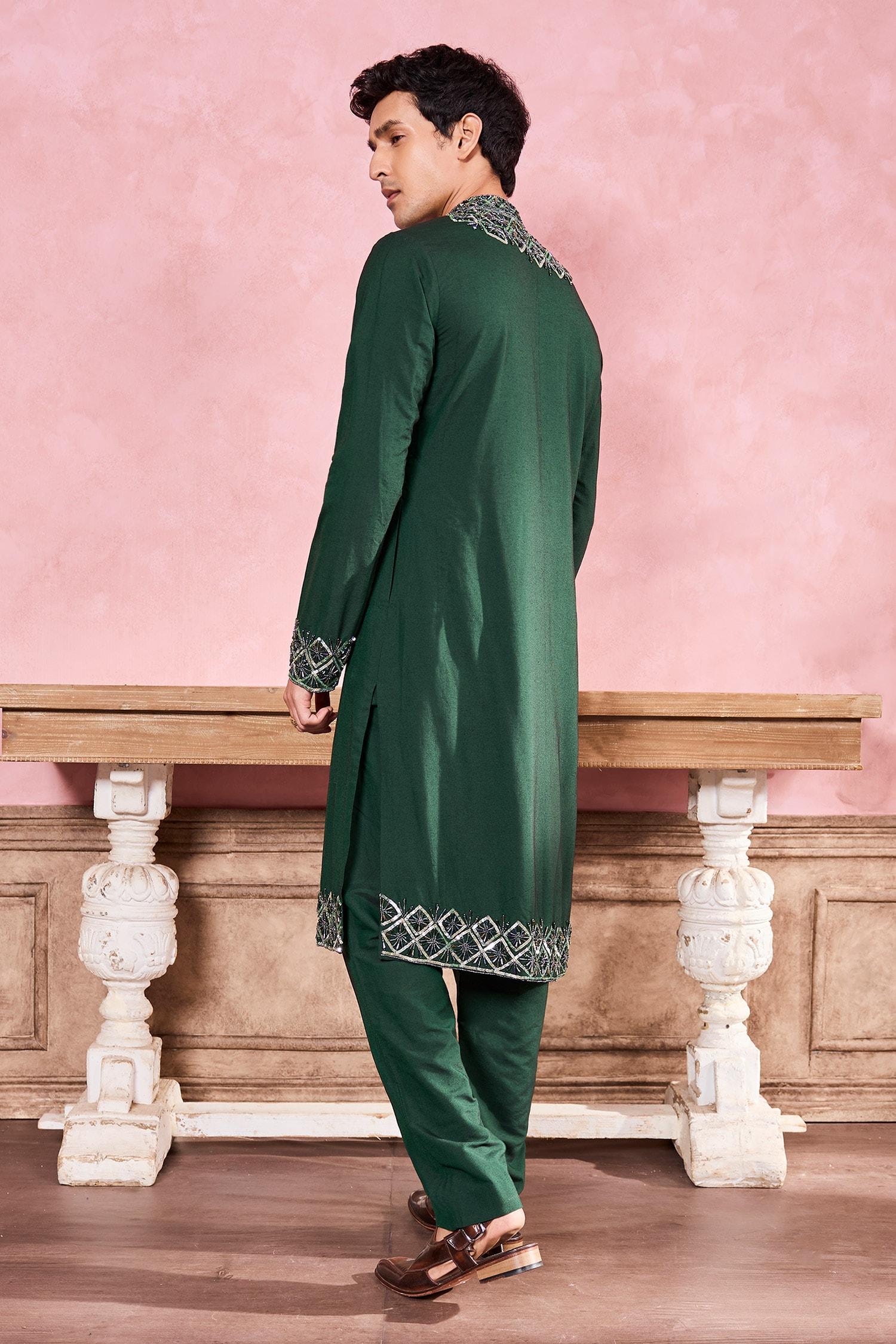 Kurta With Pant Green Cotton Silk Embroidered Crystals Geometric